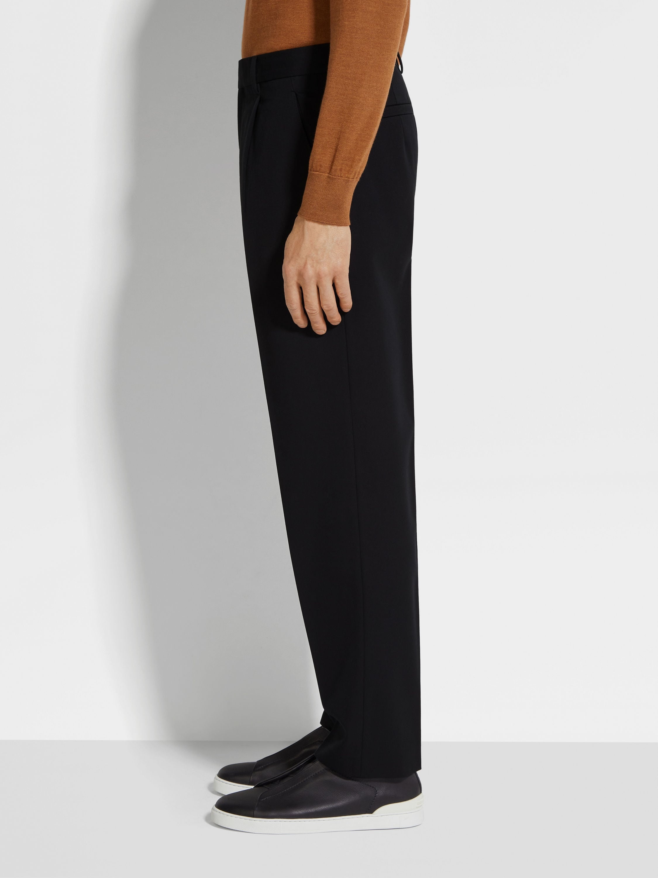 BLACK COTTON AND WOOL PANTS - 4