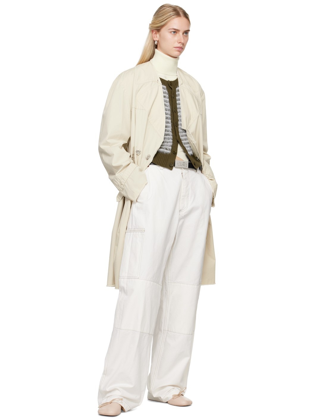 Beige Raw Edge Trench Coat - 4