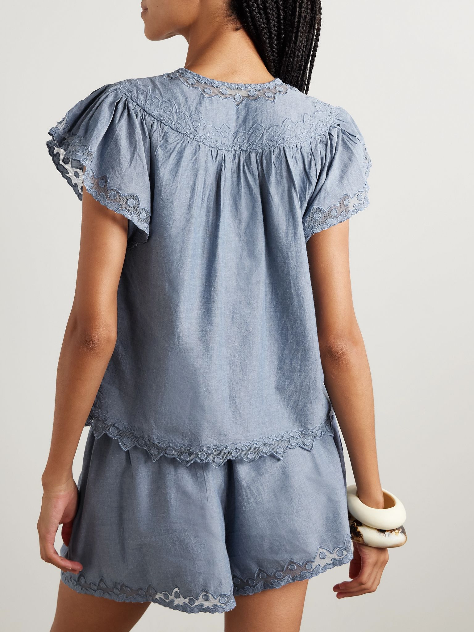 Effie embroidered mesh-trimmed cotton-chambray blouse Blue - 3