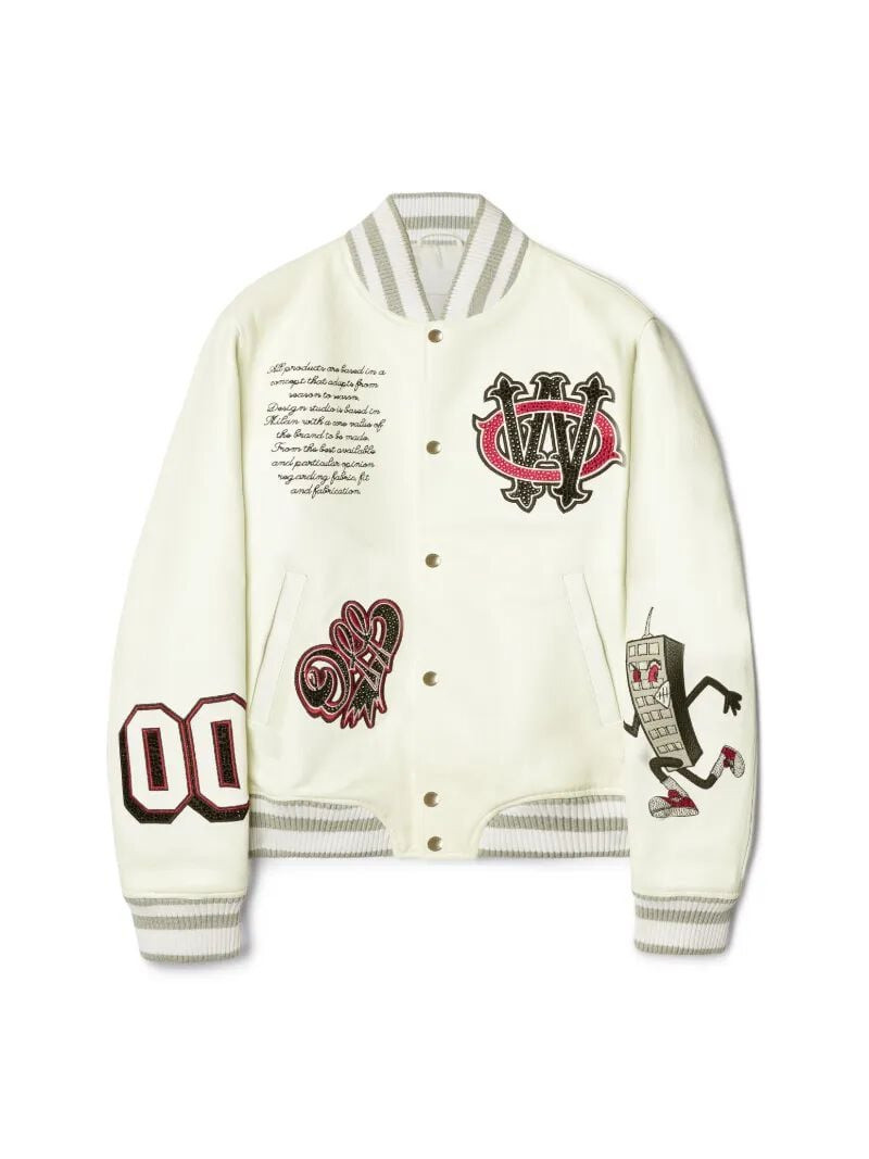 White Leather Crystal Varsity Jacket - 1