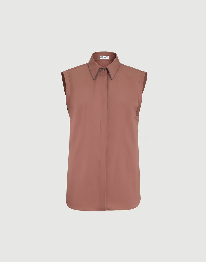 Stretch cotton poplin sleeveless shirt with shiny trim 1