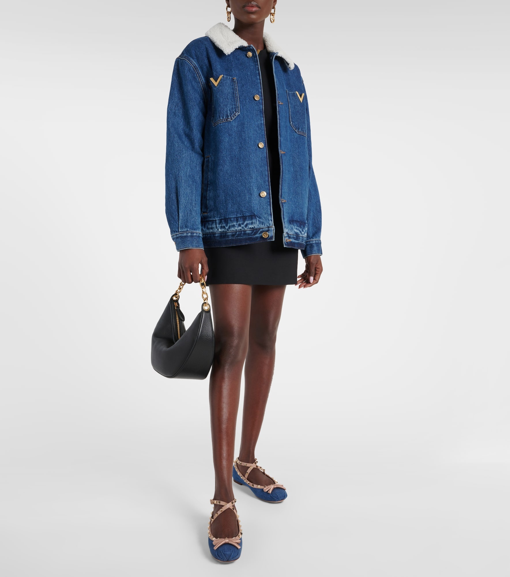 Rockstud leather-trimmed denim ballet flats - 2