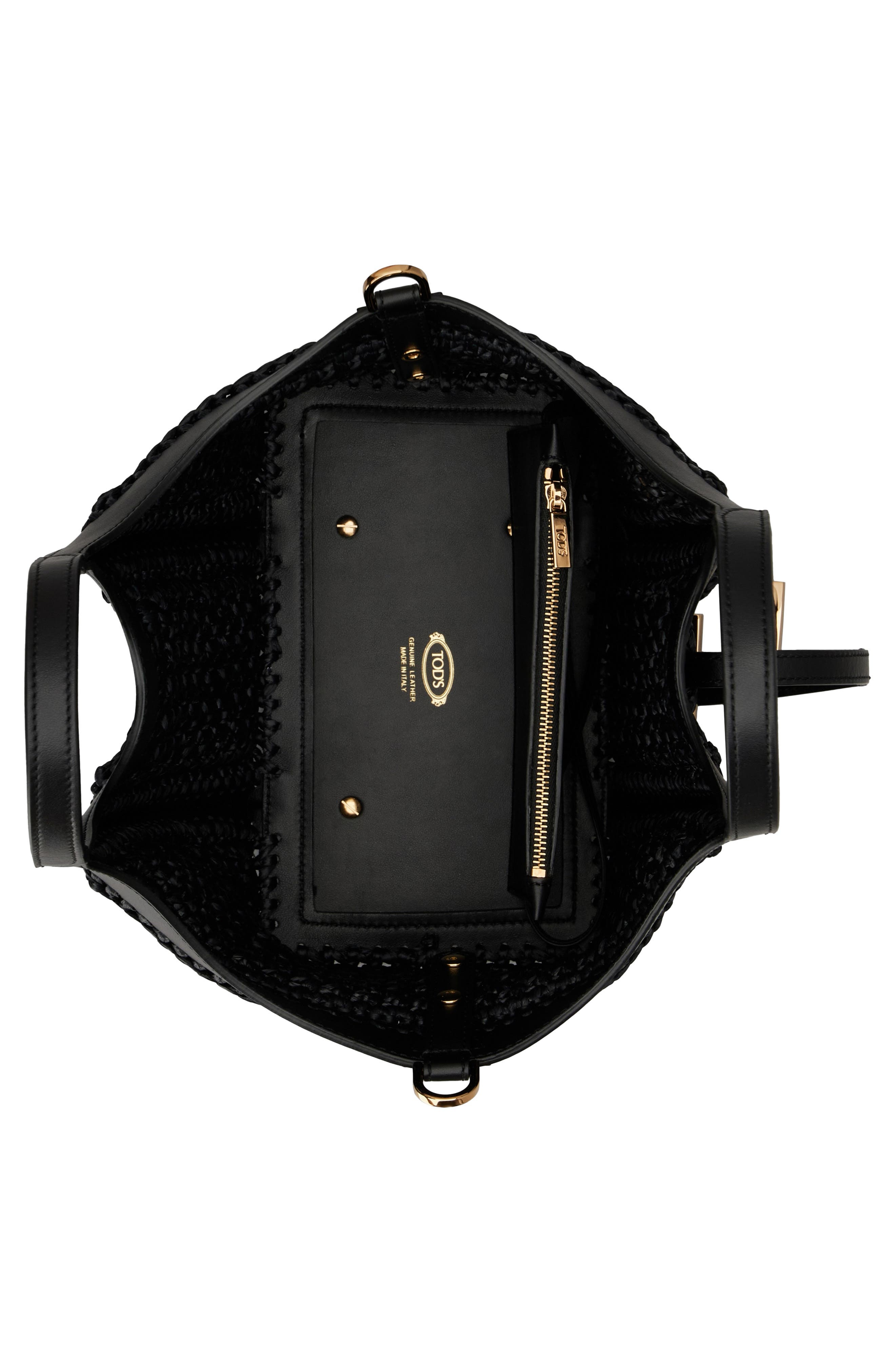 Tod's Mini T Timeless Crochet Raffia & Leather Shopping Bag in Nero at Nordstrom - 3