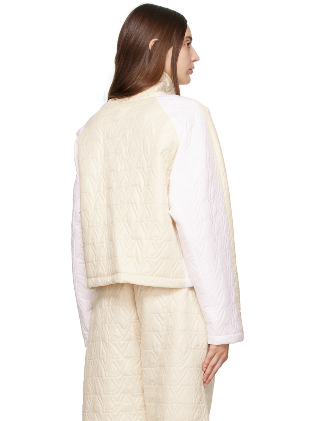 Beige & White 'YY' Quilted Bomber Jacket - 3