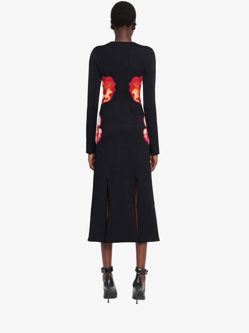 Women's Solarised Orchid Jacquard Slashed Dress in Black/red/yellow - 4