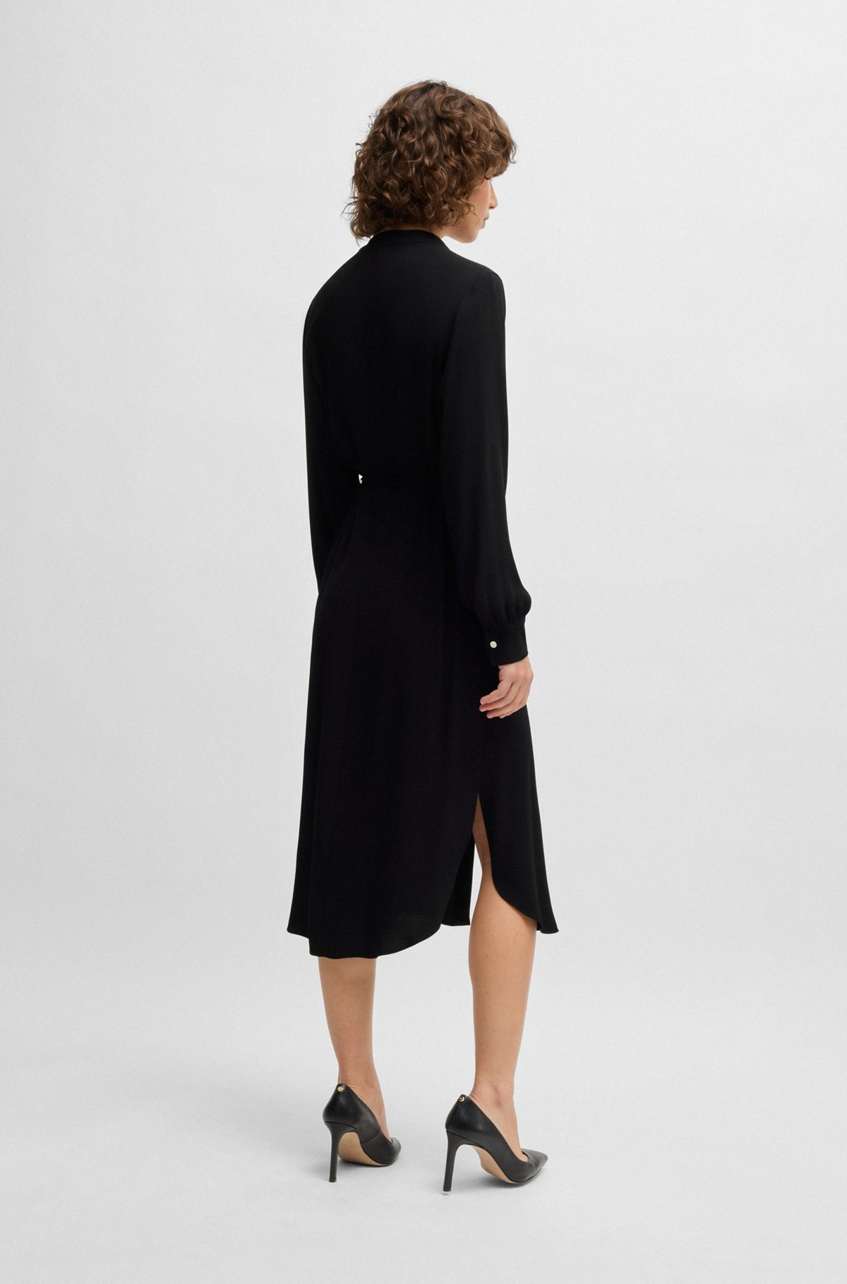 BELTED DRESS WITH COLLARLESS V NECKLINE AND BUTTON CUFFS - 6
