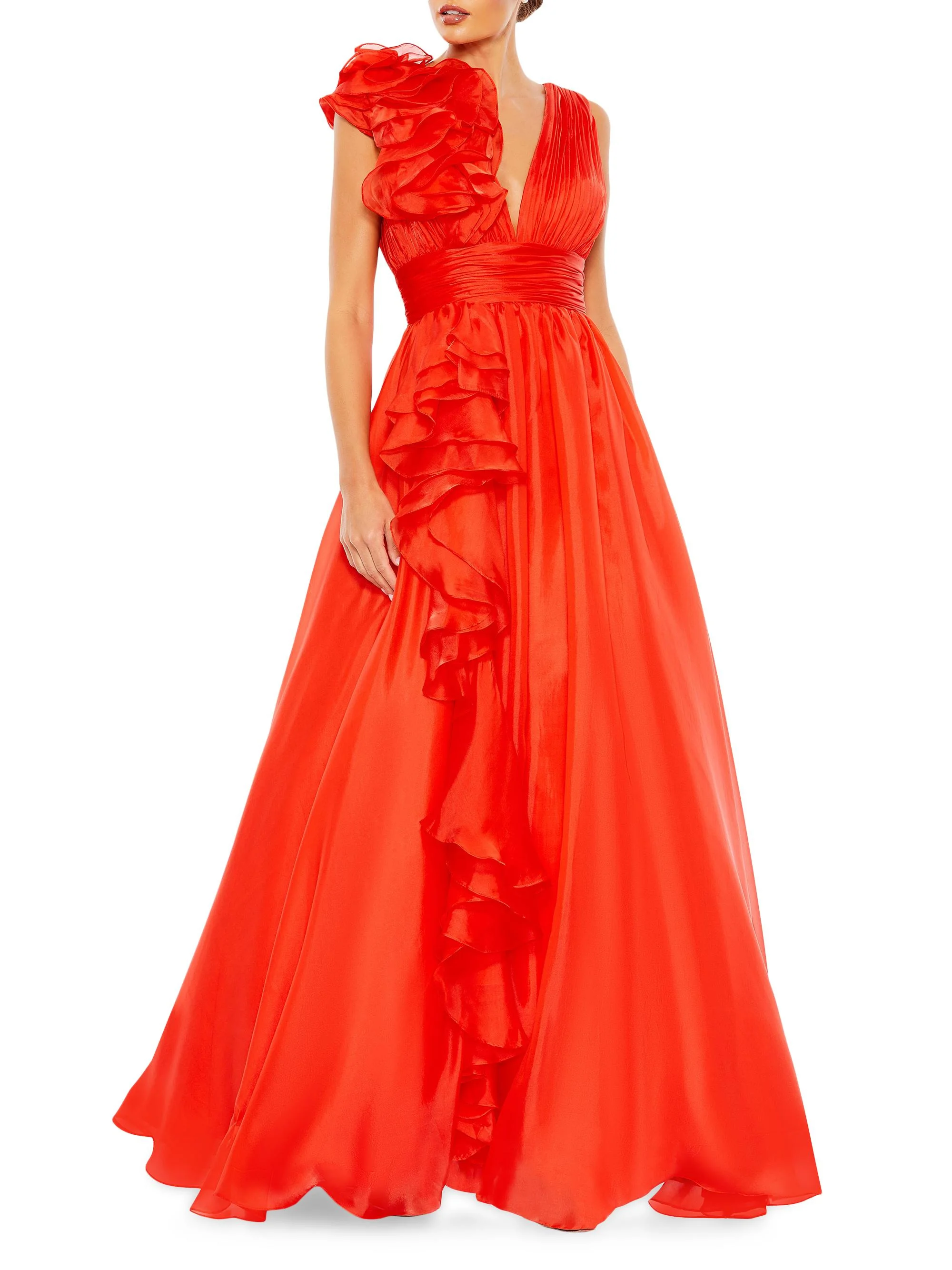 Women's Satin Plunge Ruffled A-Line Gown - Cherry - 1