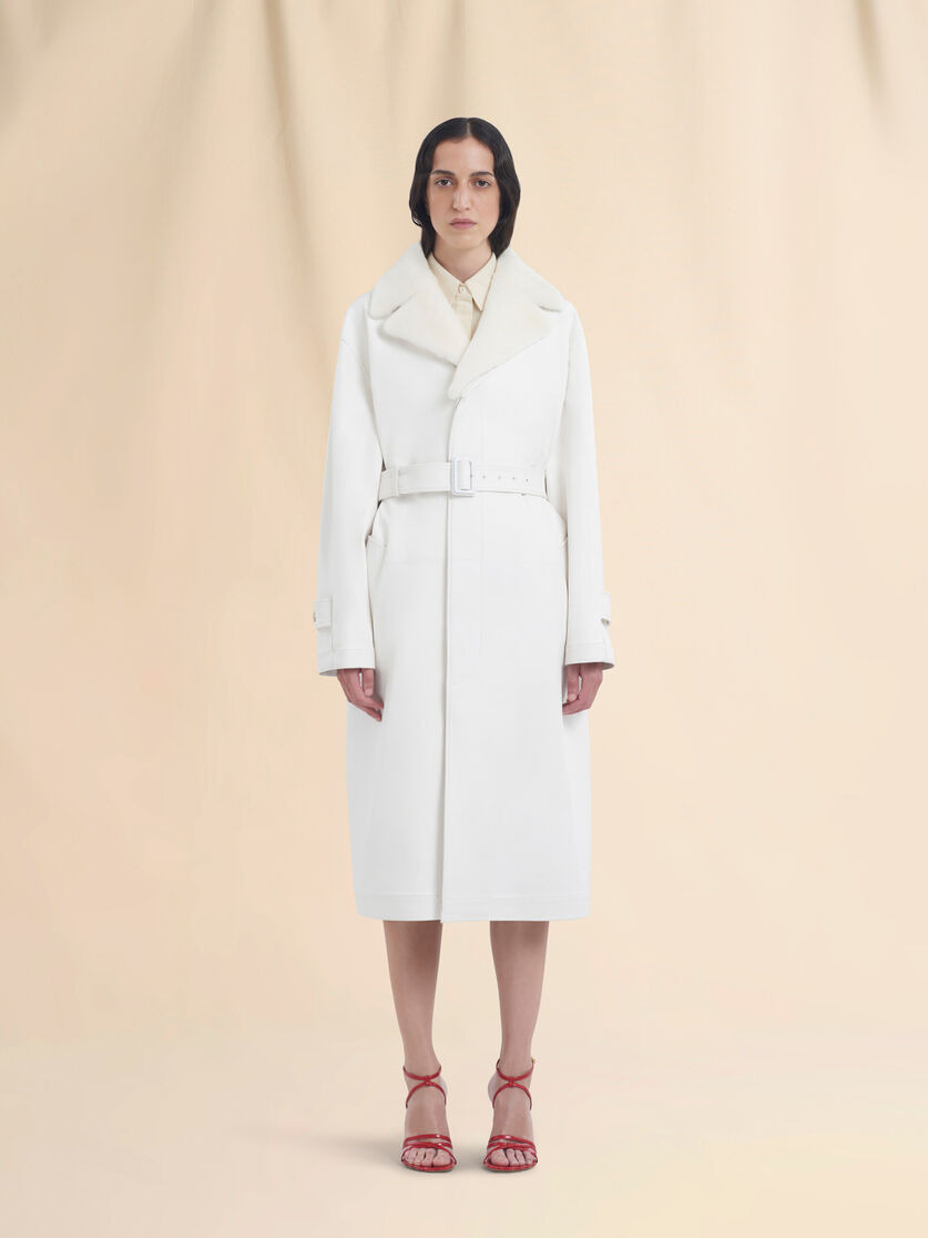 WHITE NAPPA DUSTER COAT WITH SHEARLING COLLAR - 2