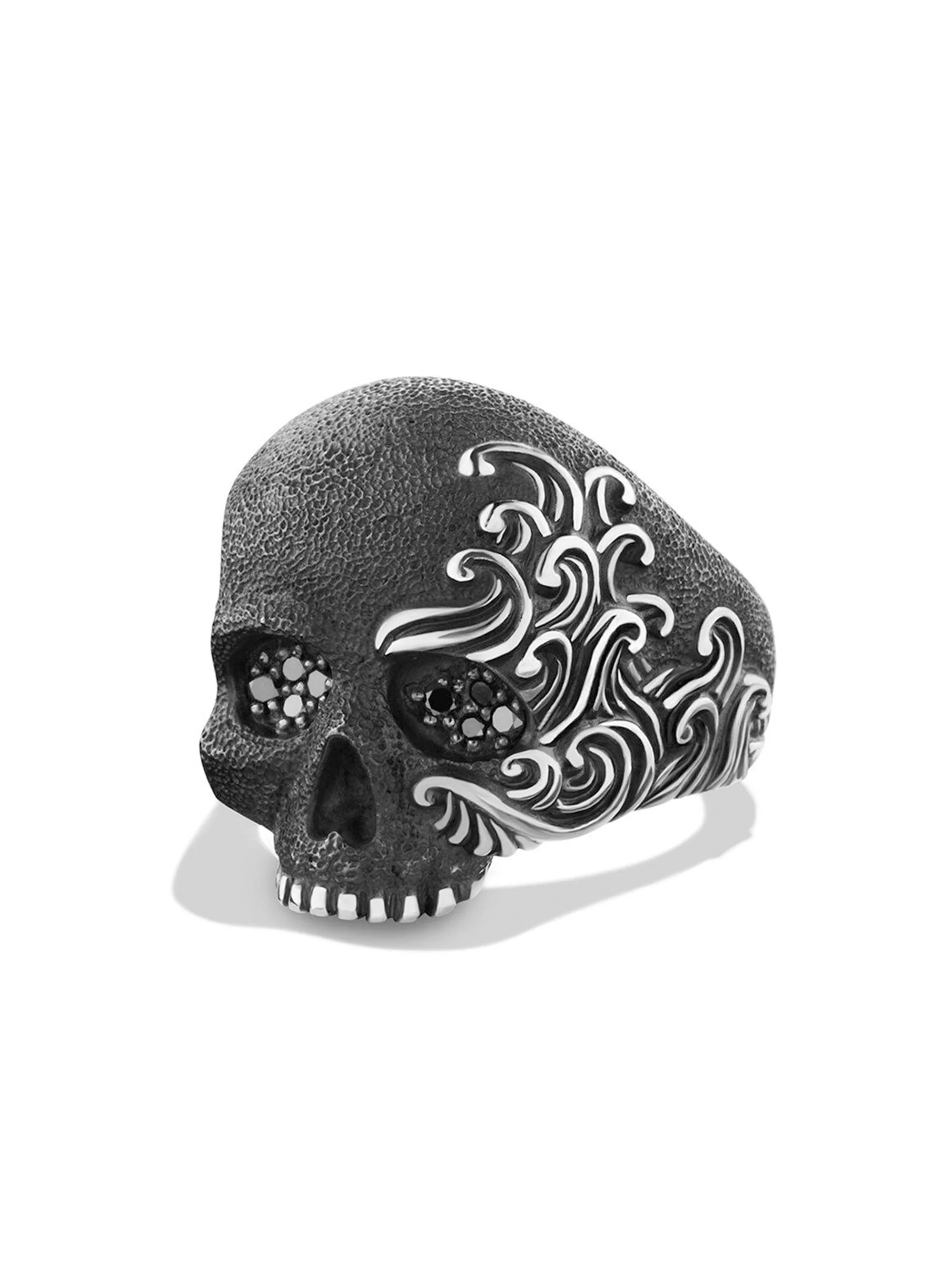Men's Waves Skull Ring with Pavé Black Diamonds - Black - 1