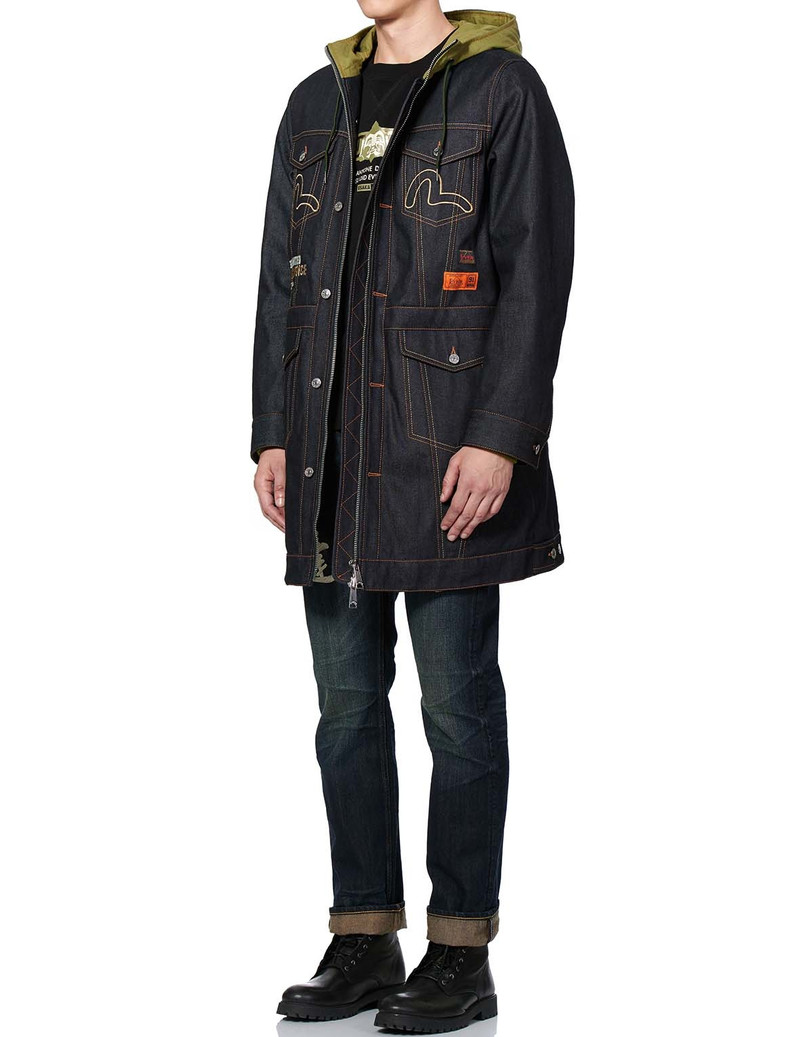 EVISU KAMON AND LOGO EMBROIDERED DENIM PADDED COAT outlook