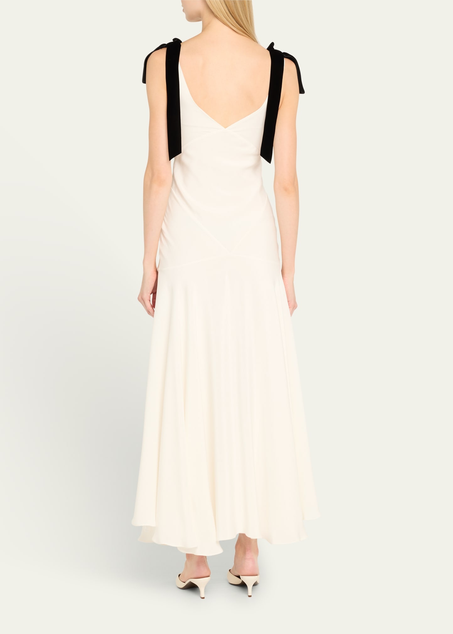 White Silk Crepe Bias Dress With Black Velvet Bows - 3