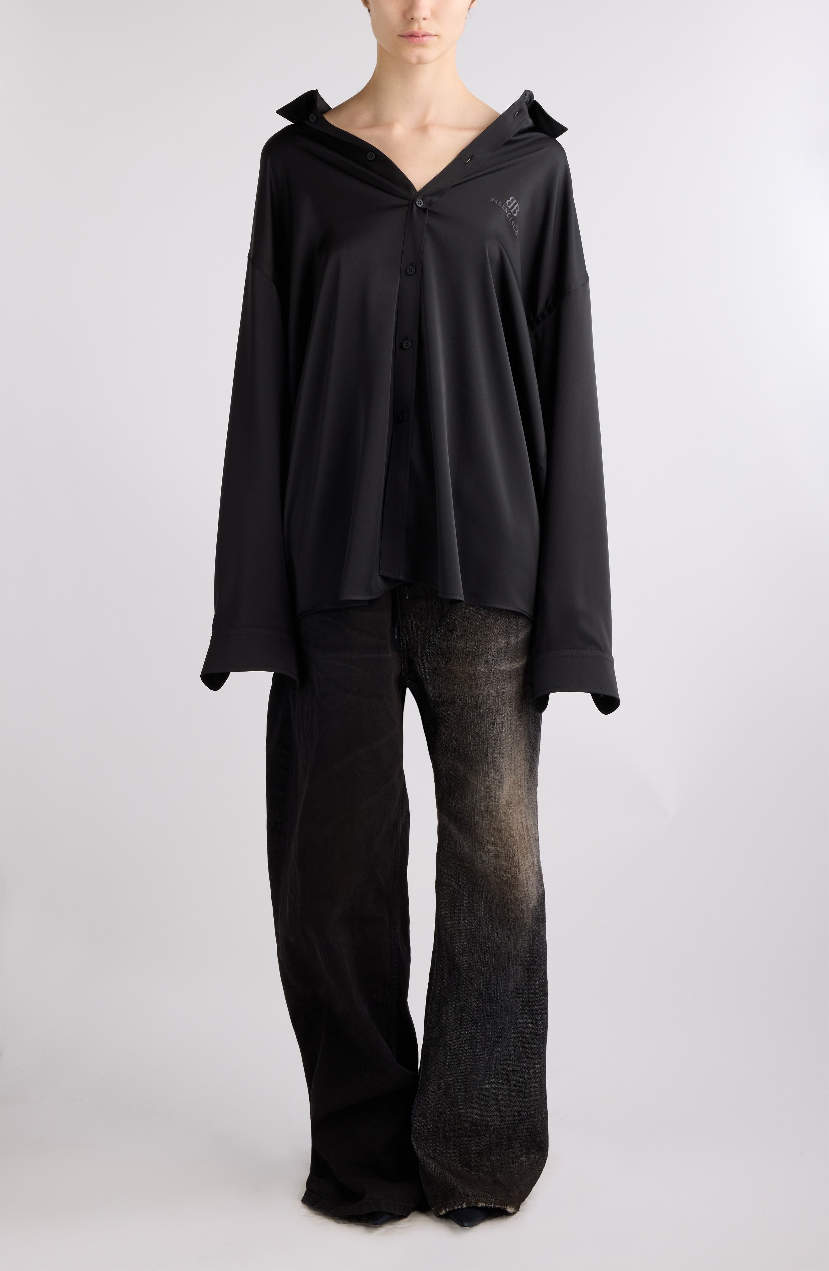 Balenciaga BB Oversize Fluid Twill Button-Up Shirt in 1000 Black at Nordstrom - 2