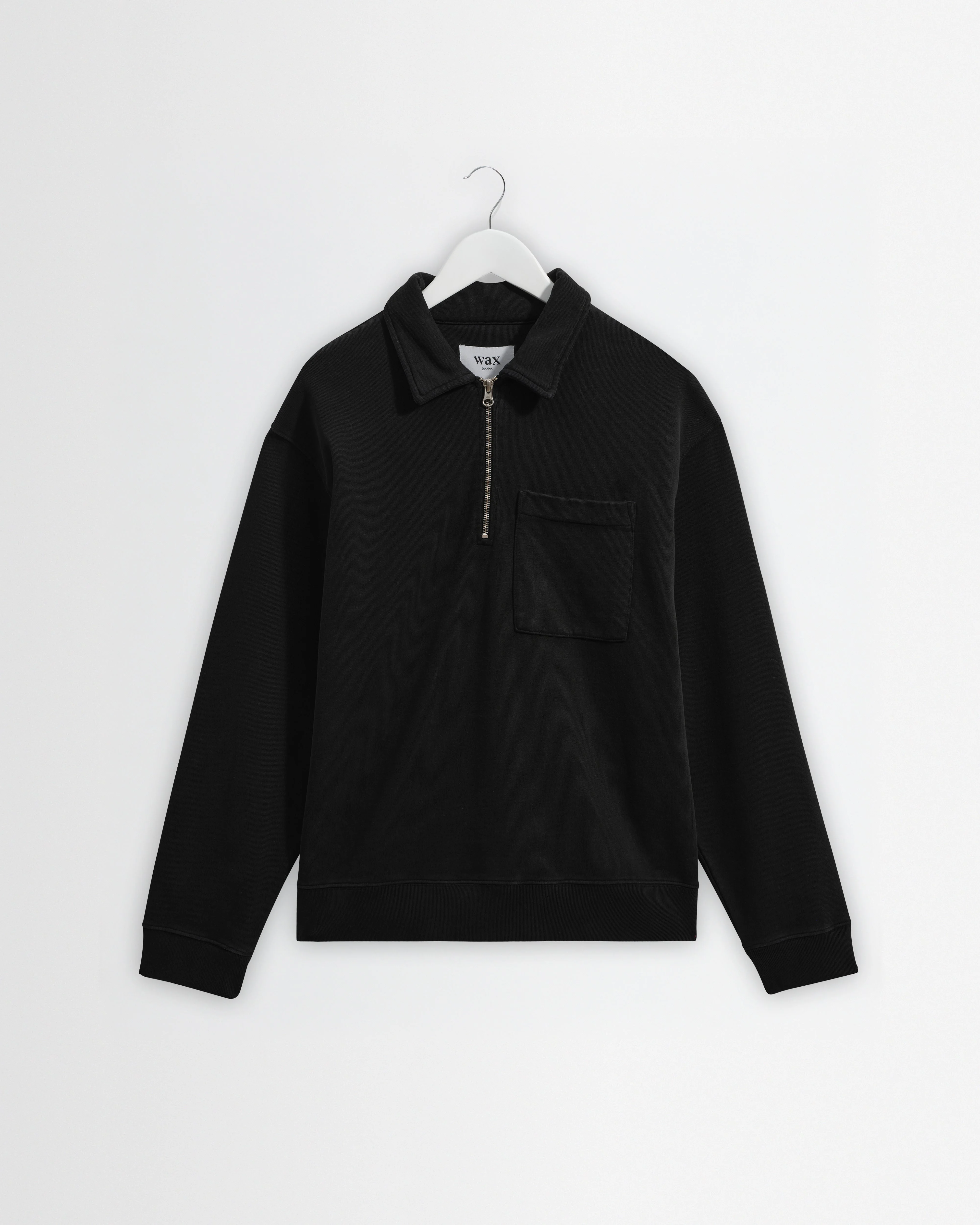 Reeve - Washed Black Loopback Organic Cotton Collared Sweatshirt - 1