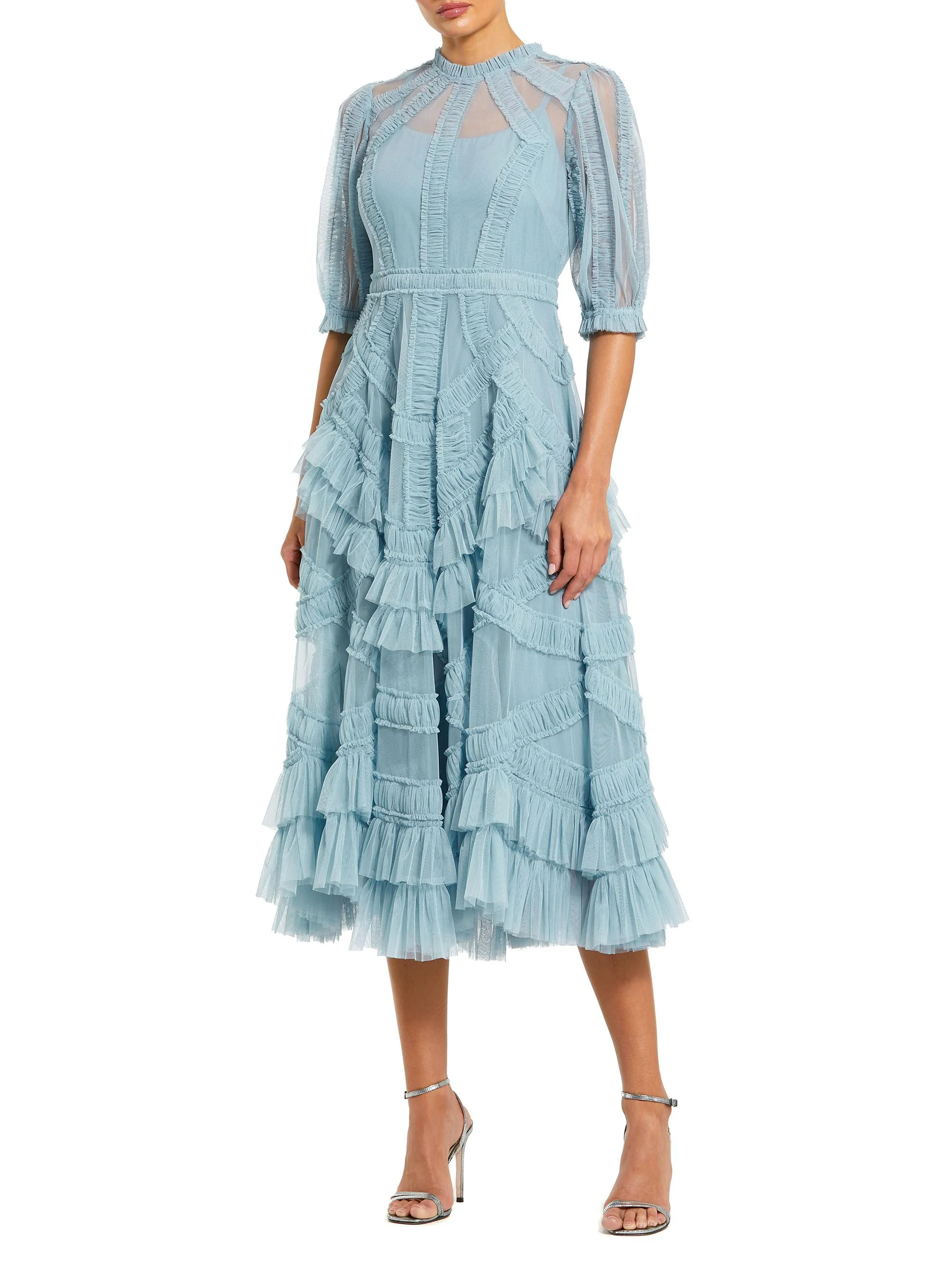 Women's High-Neck Gathered Tulle Midi-Dress - French Blue - 1