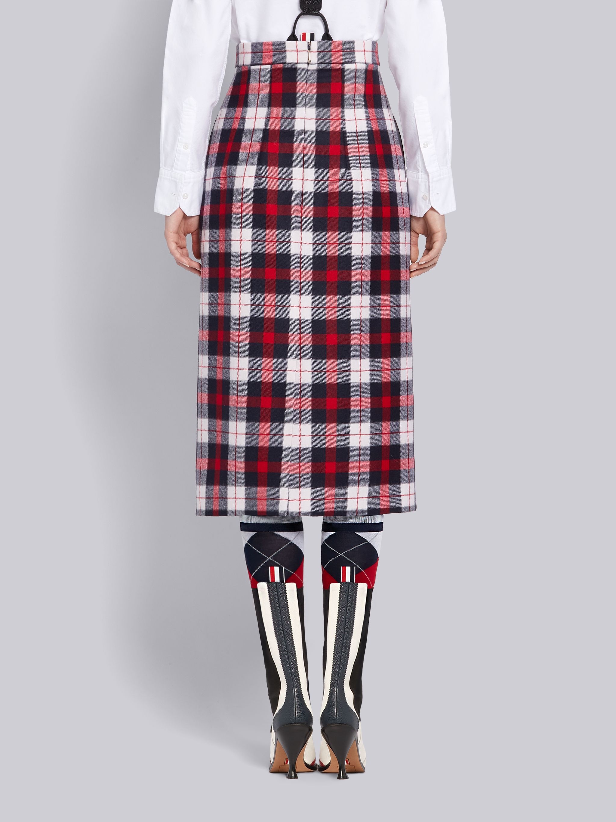 Tricolor Wool Twill Tartan Check High Waisted Pencil Skirt - 3