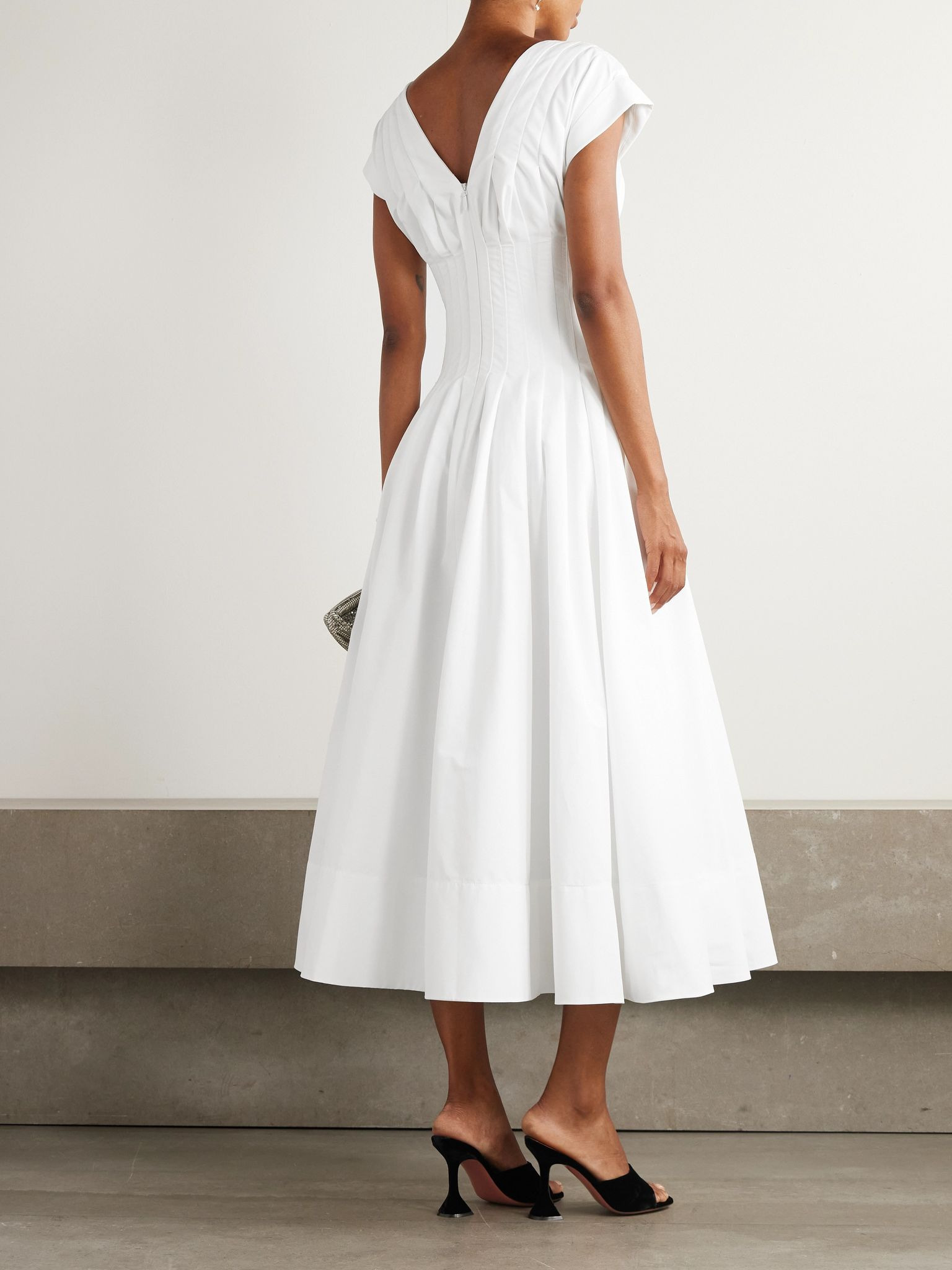 Nina pleated cotton-blend poplin midi dress White - 3