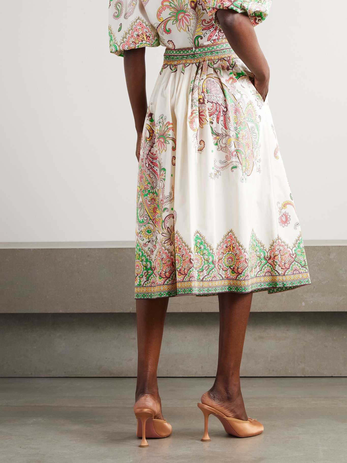 Pleather printed cotton-poplin midi skirt White - 3