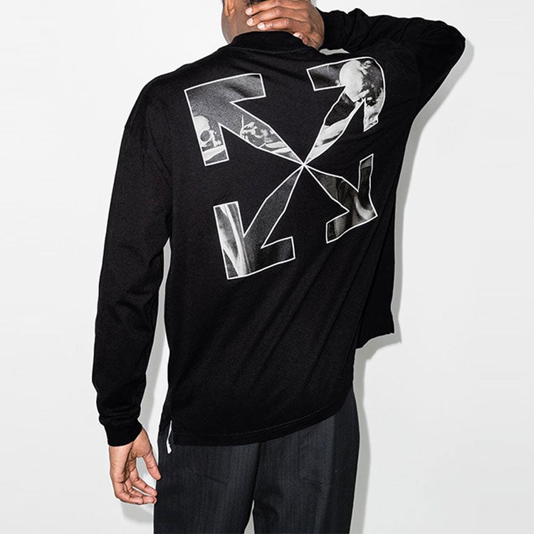 Men's Off-White FW21 Logo Alphabet Arrow Round Neck Long Sleeves Loose Fit Black T-Shirt OMAB032C99J - 4