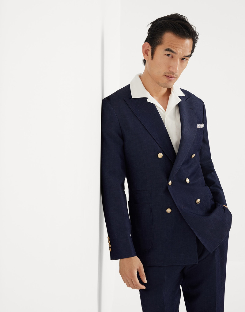 Wool and linen denim-effect twill one-and-a-half breasted blazer with patch pockets and metal button 4