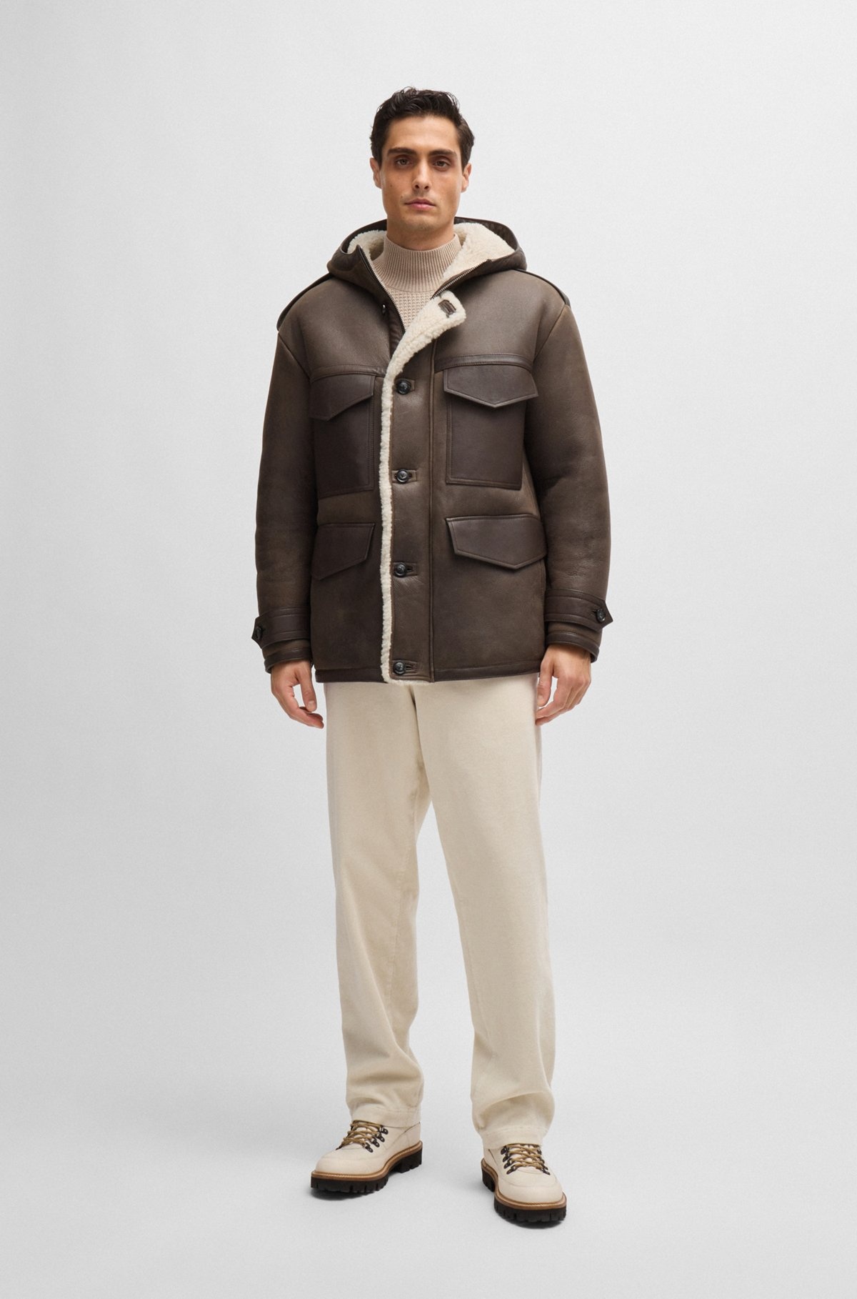 REGULAR-FIT HOODED COAT IN SHEEPSKIN WITH PATCH POCKETS - 3