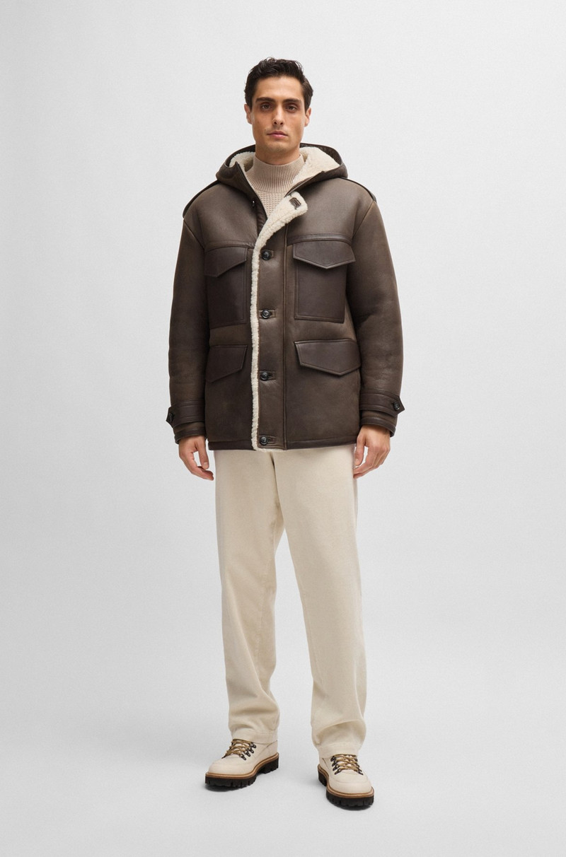 BOSS REGULAR-FIT HOODED COAT IN SHEEPSKIN WITH PATCH POCKETS outlook