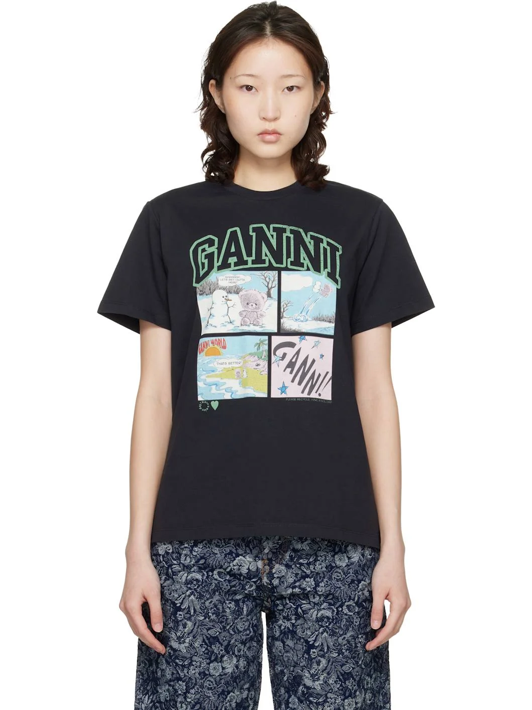 Black Basic Cotton Jersey Bear Comic Teddy T-shirt - 1