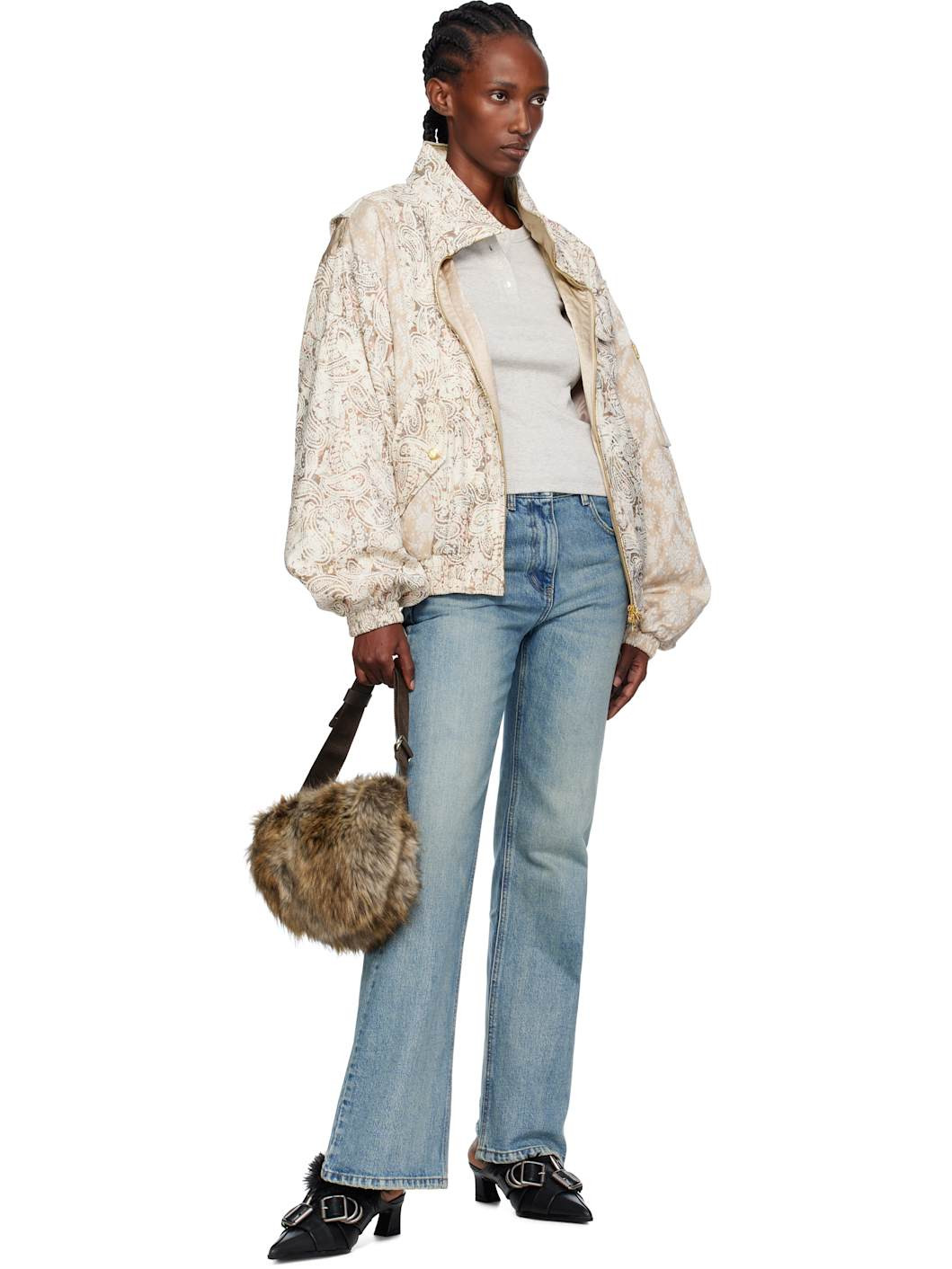 Beige Paisley Cargo Bomber Jacket - 4