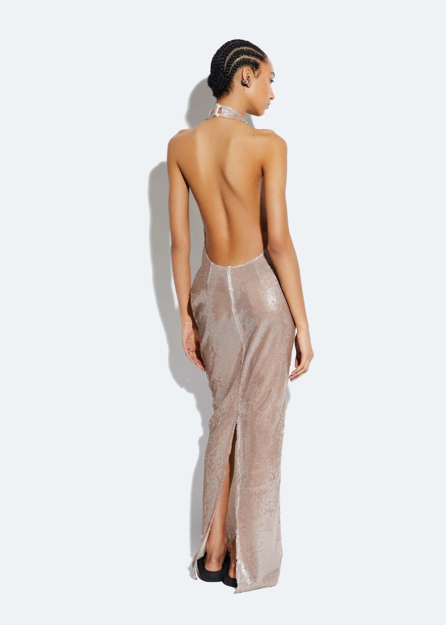 Sheer Sequin Deep V Neck Gown - 3
