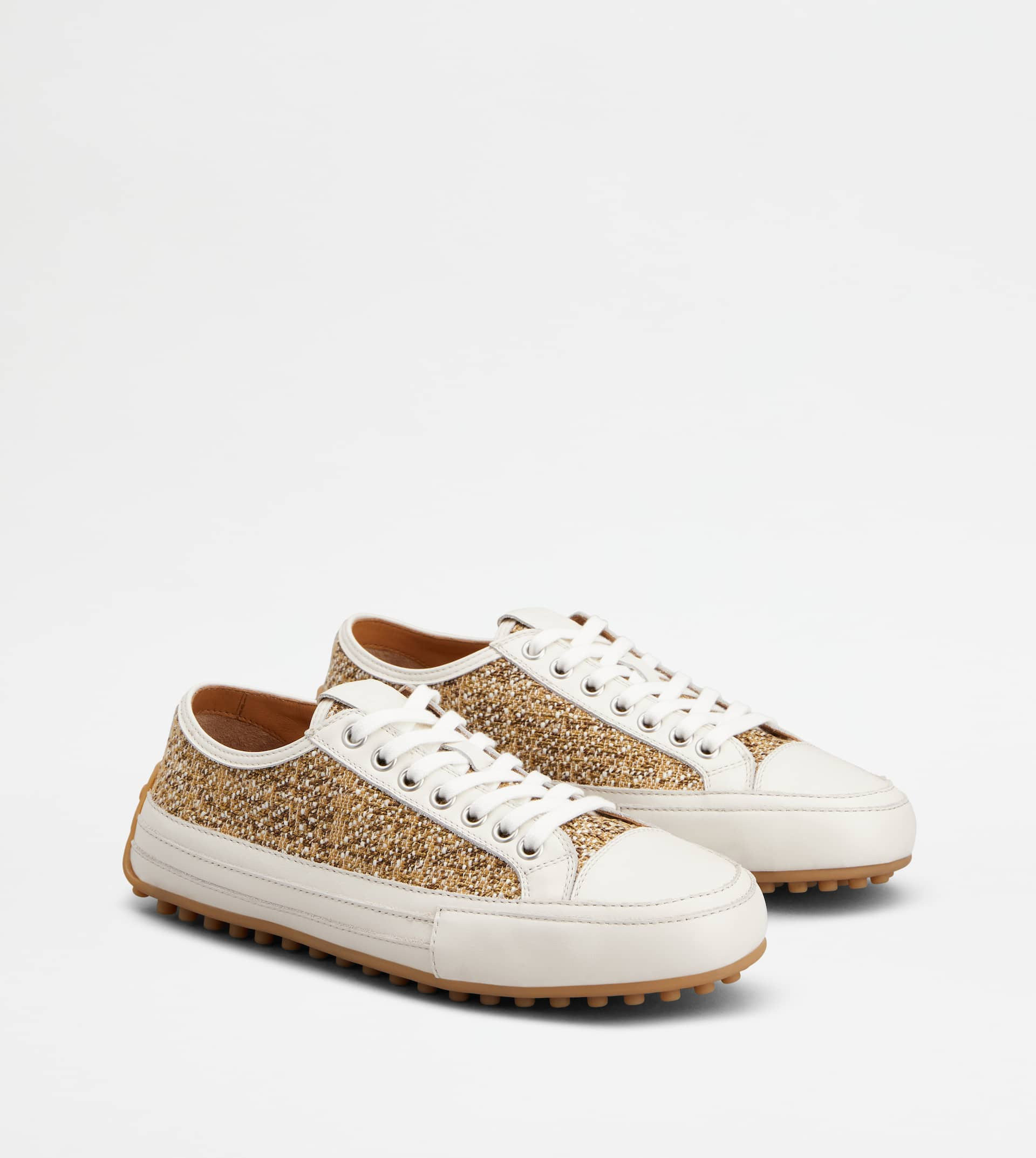SNEAKERS IN FABRIC AND LEATHER - WHITE, BEIGE, BROWN - 2