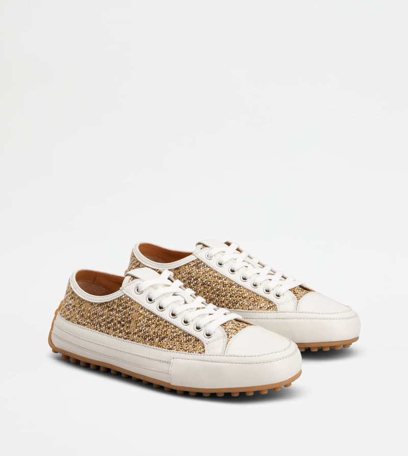 SNEAKERS IN FABRIC AND LEATHER - WHITE, BEIGE, BROWN 2