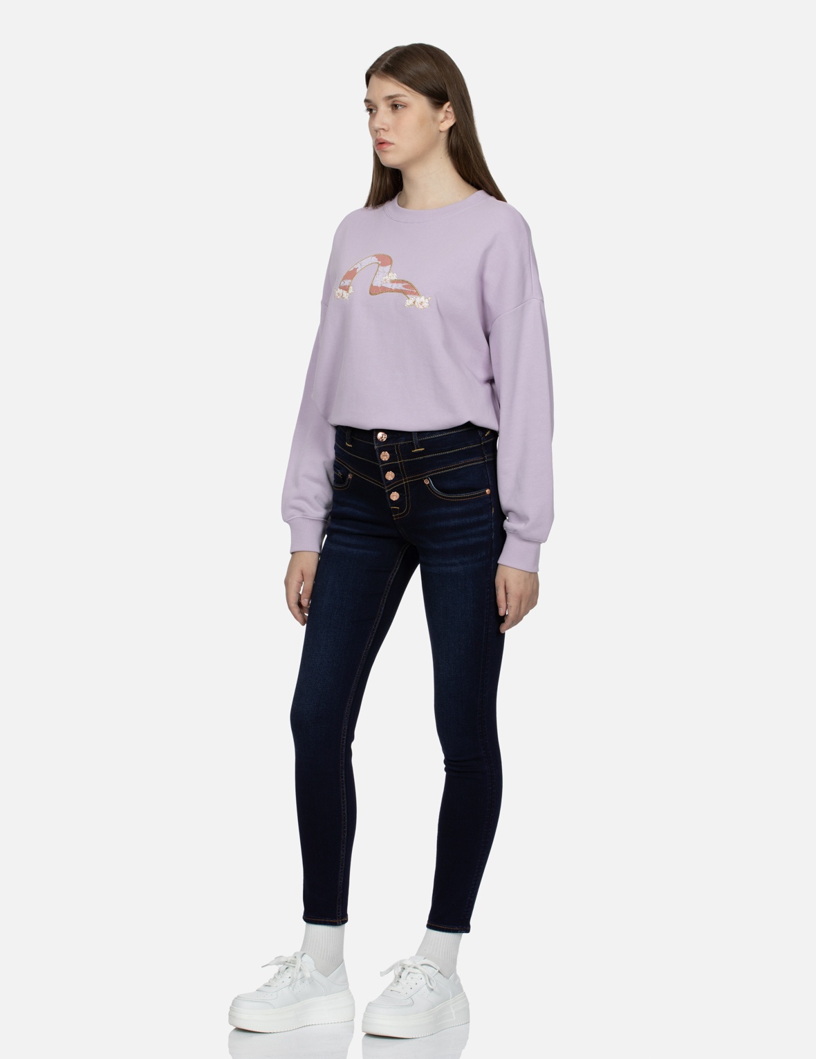 FLORAL-PATTERN SEAGULL  EMBROIDERY HIGH-WAIST SKINNY JEANS - 4