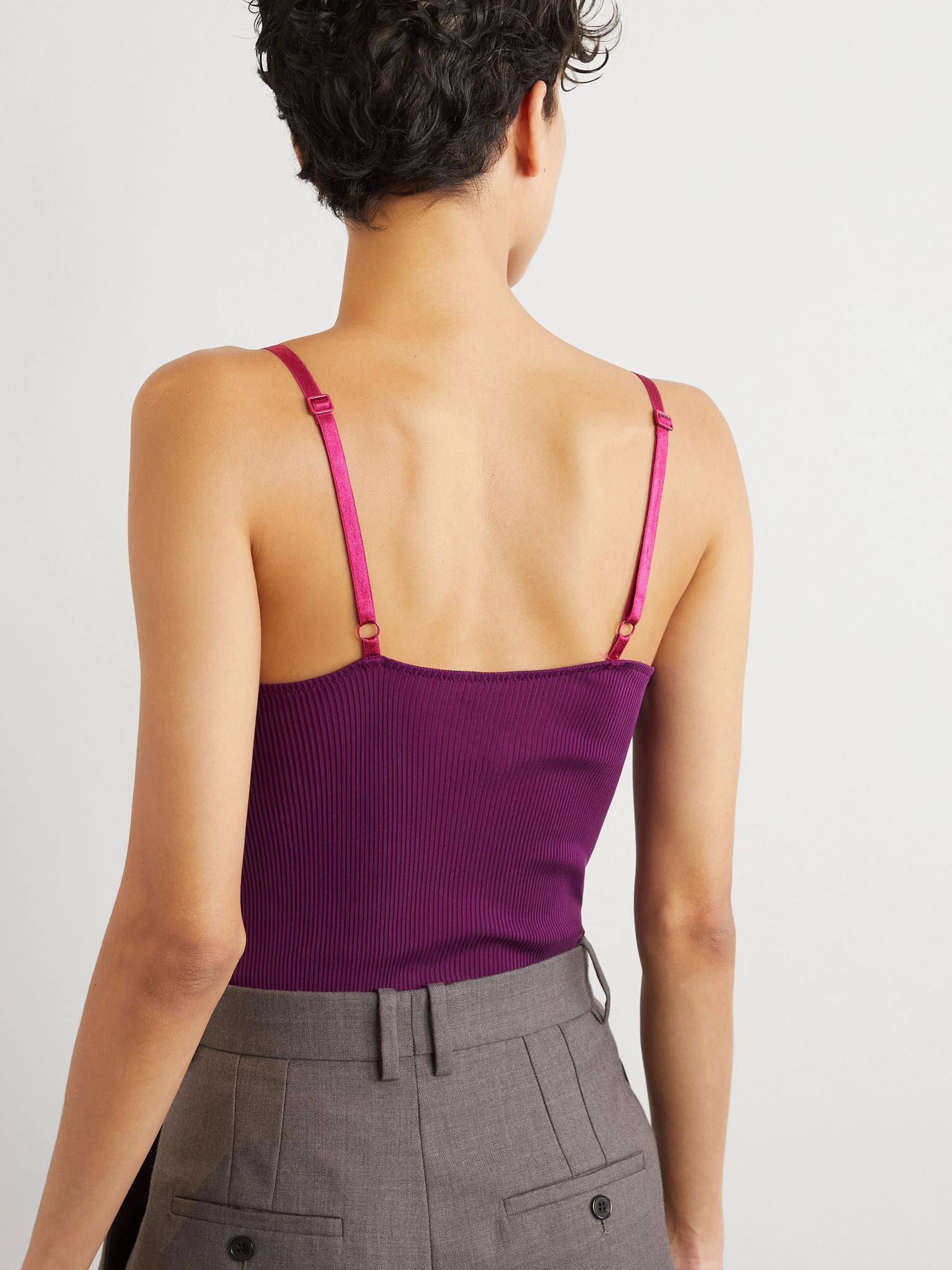 Lace-trimmed ribbed silk tank Purple - 3