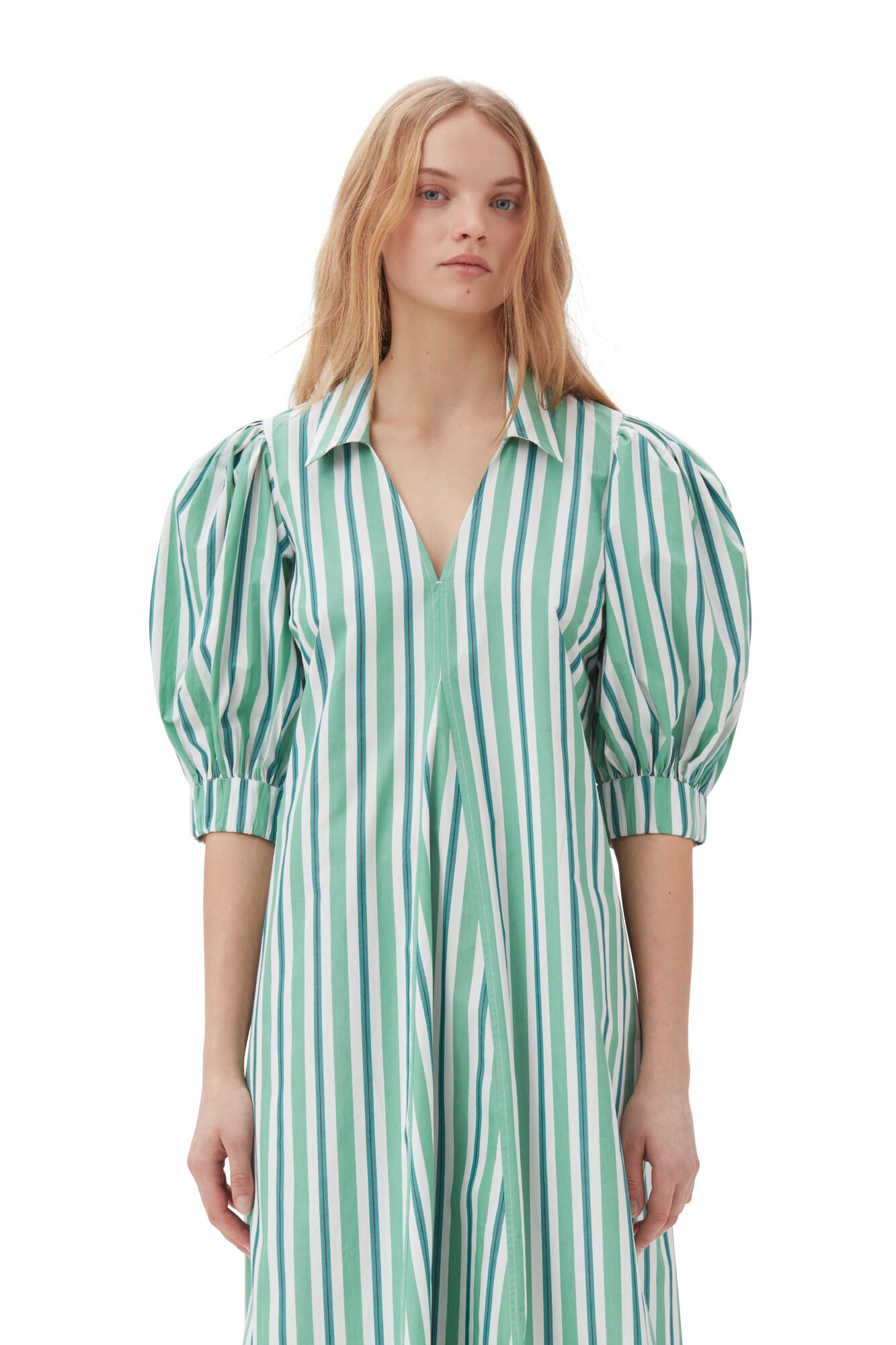 GREEN STRIPED COLLAR LONG DRESS - 3