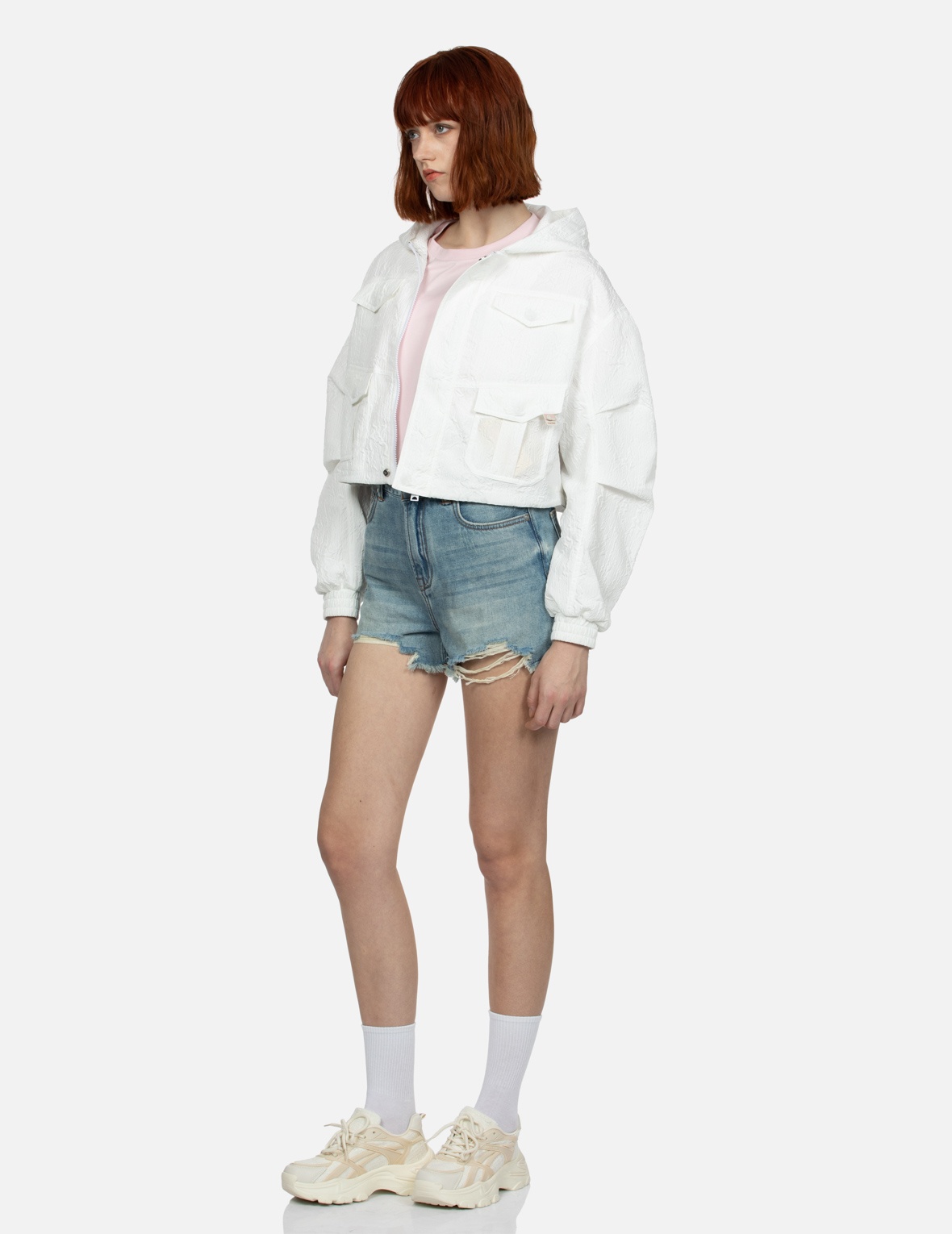 LOGO EMBROIDERY TEXTURED CROPPED FASHION FIT WINDBREAKER - 4