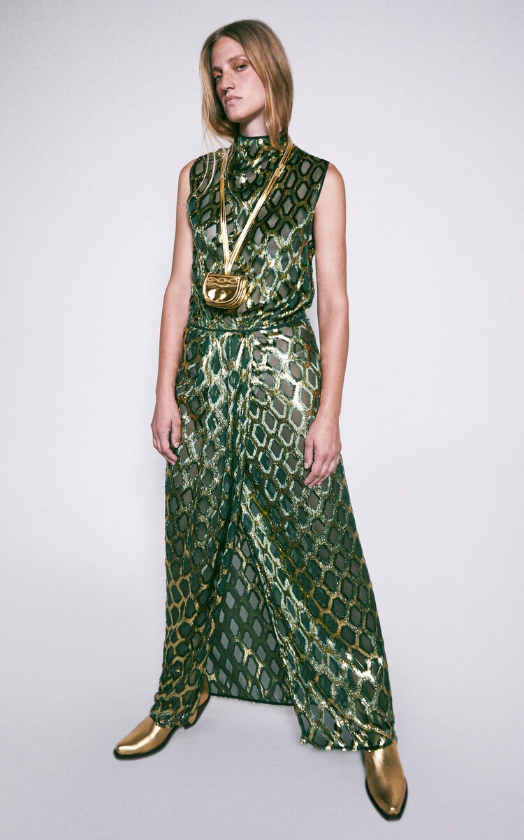 Vie De Boheme Metallic Semi-Sheer Silk Maxi Dress green - 5