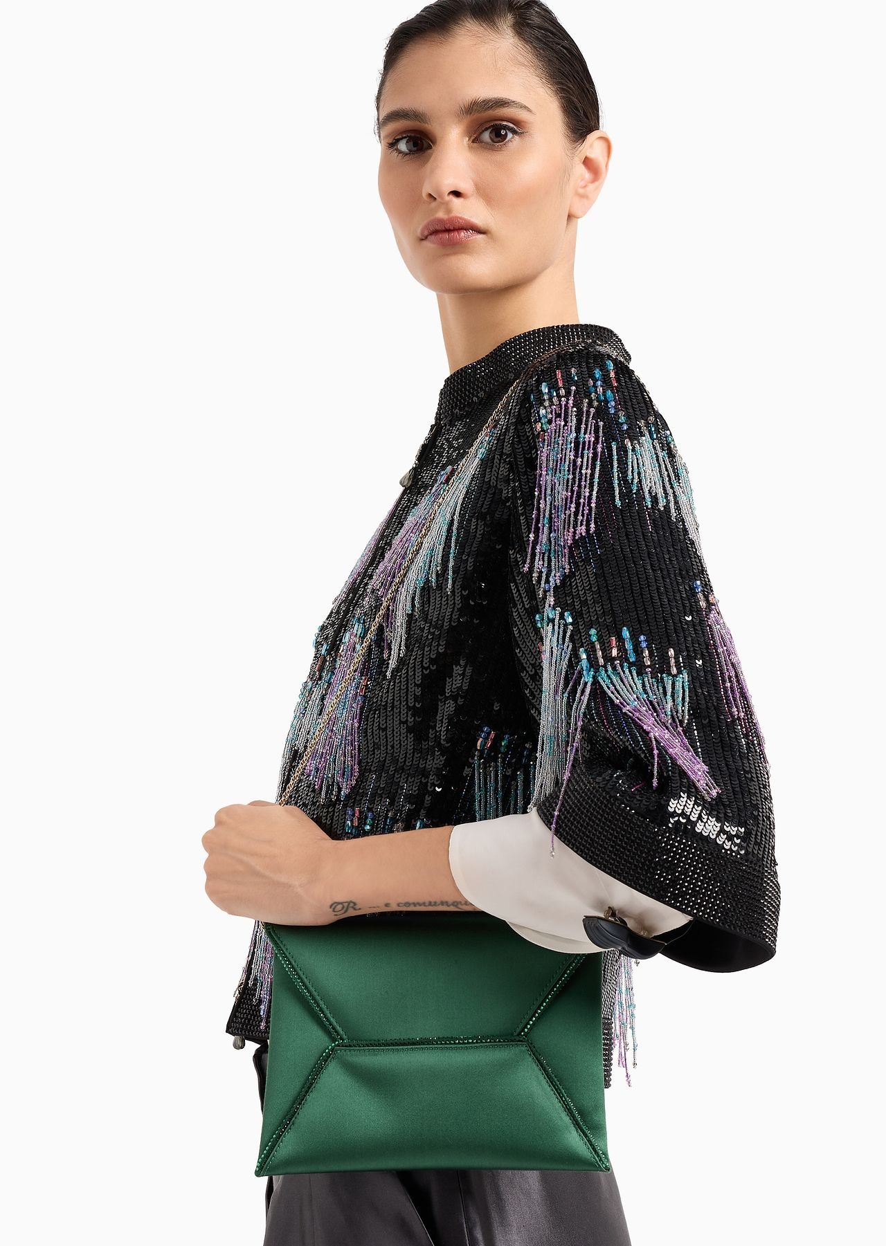 Small satin clutch bag with rhinestone piping - 7