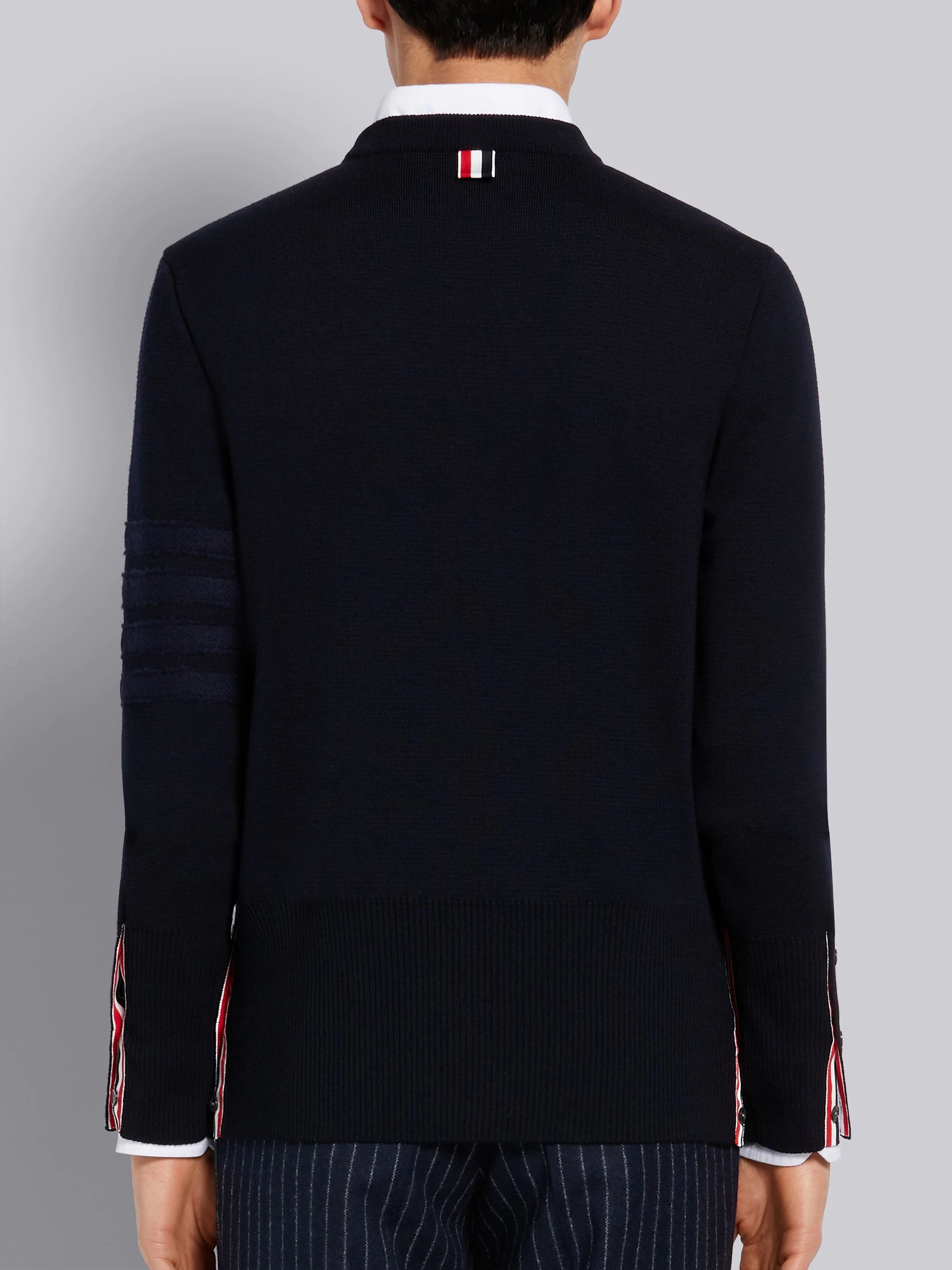 Navy Milano Stitch Fine Merino Crewneck Shetland 4-Bar Pullover - 3