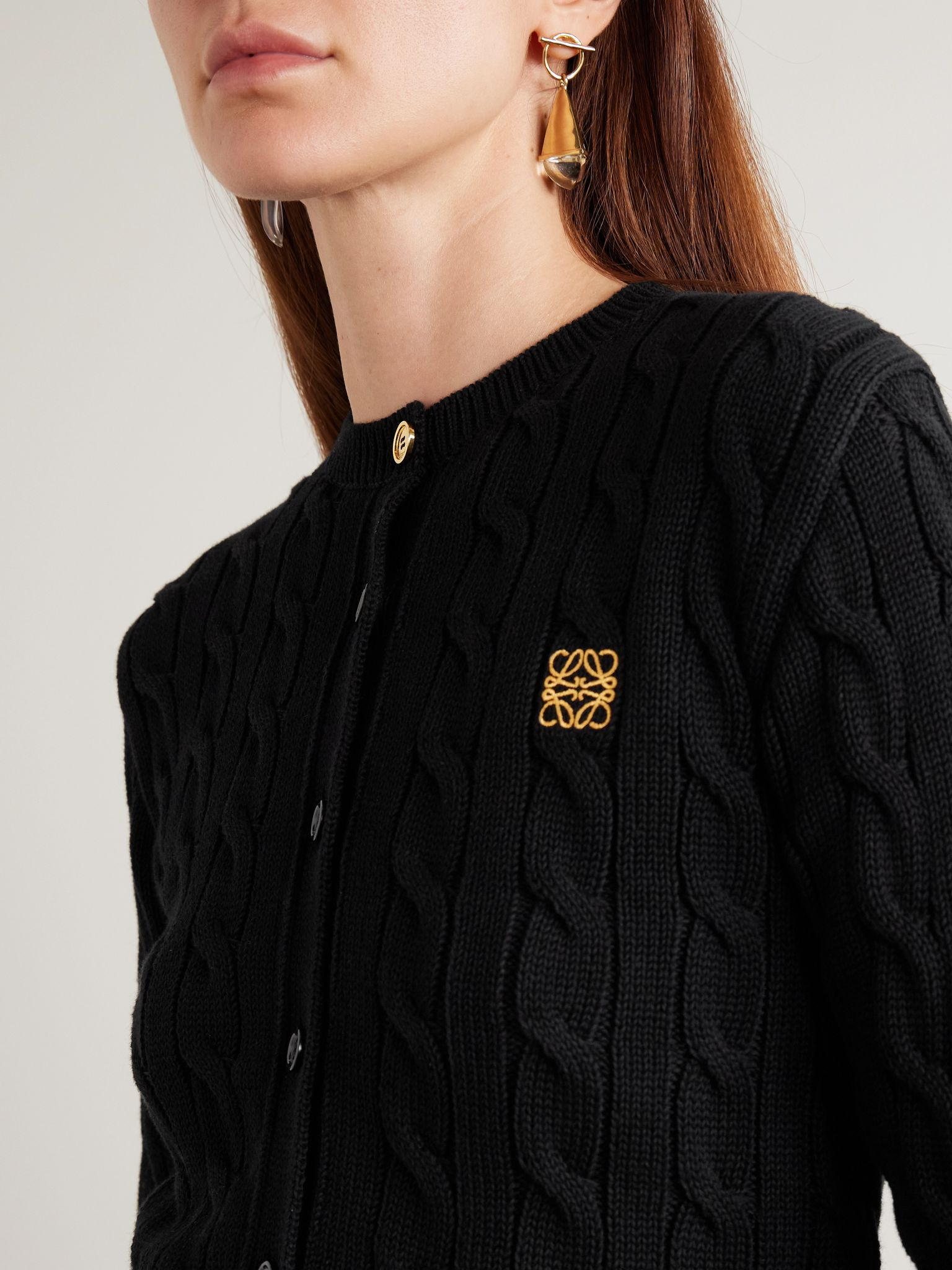Embroidered cable-knit cotton cardigan Black - 5