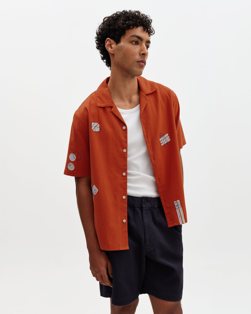 Wax London Didcot - Terracotta And Ecru Scribble Applique Short-Sleeve Shirt outlook