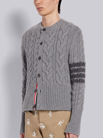 Thom Browne Light Grey Cashmere Aran Cable Shrunken Fit 4-Bar Crewneck Cardigan outlook