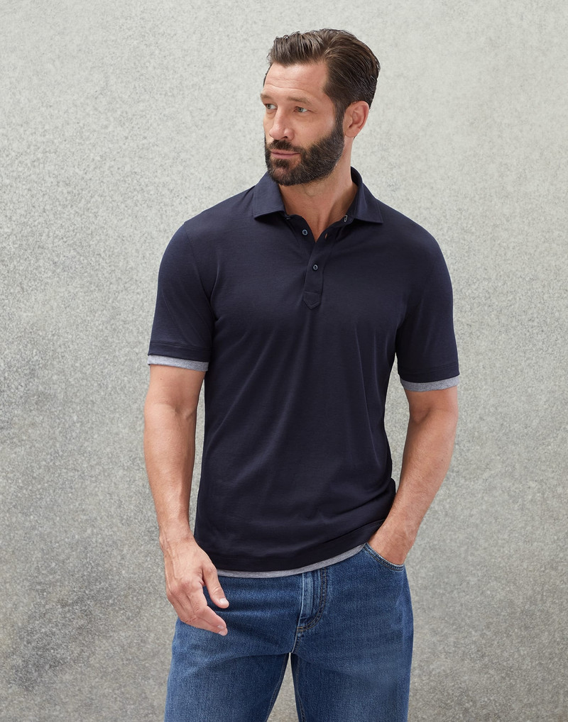 Silk and cotton jersey slim fit shirt-style collar polo with faux-layering - 1