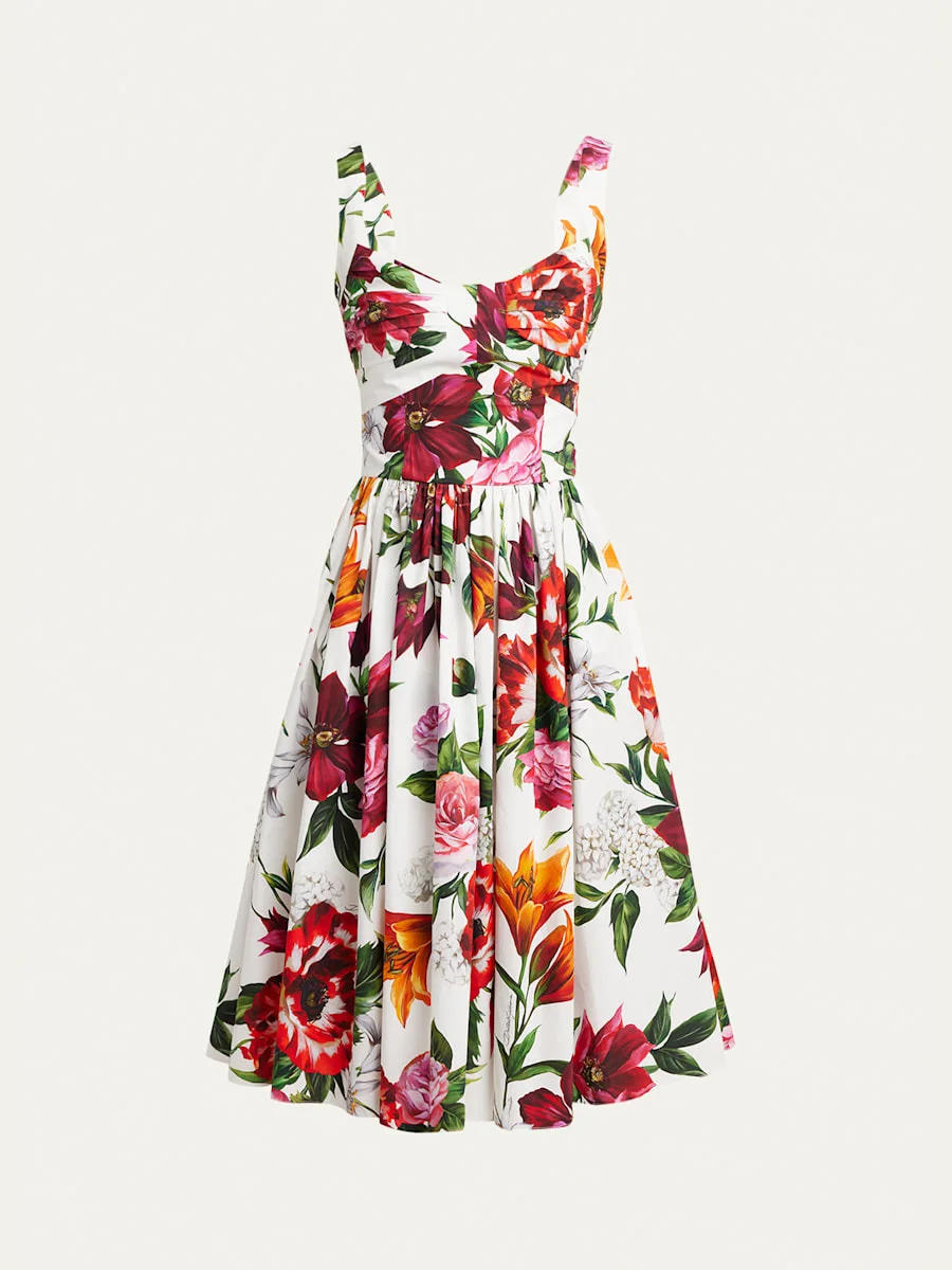 Floral Poplin Pleated Bust Fit-&-Flare Dress - 1