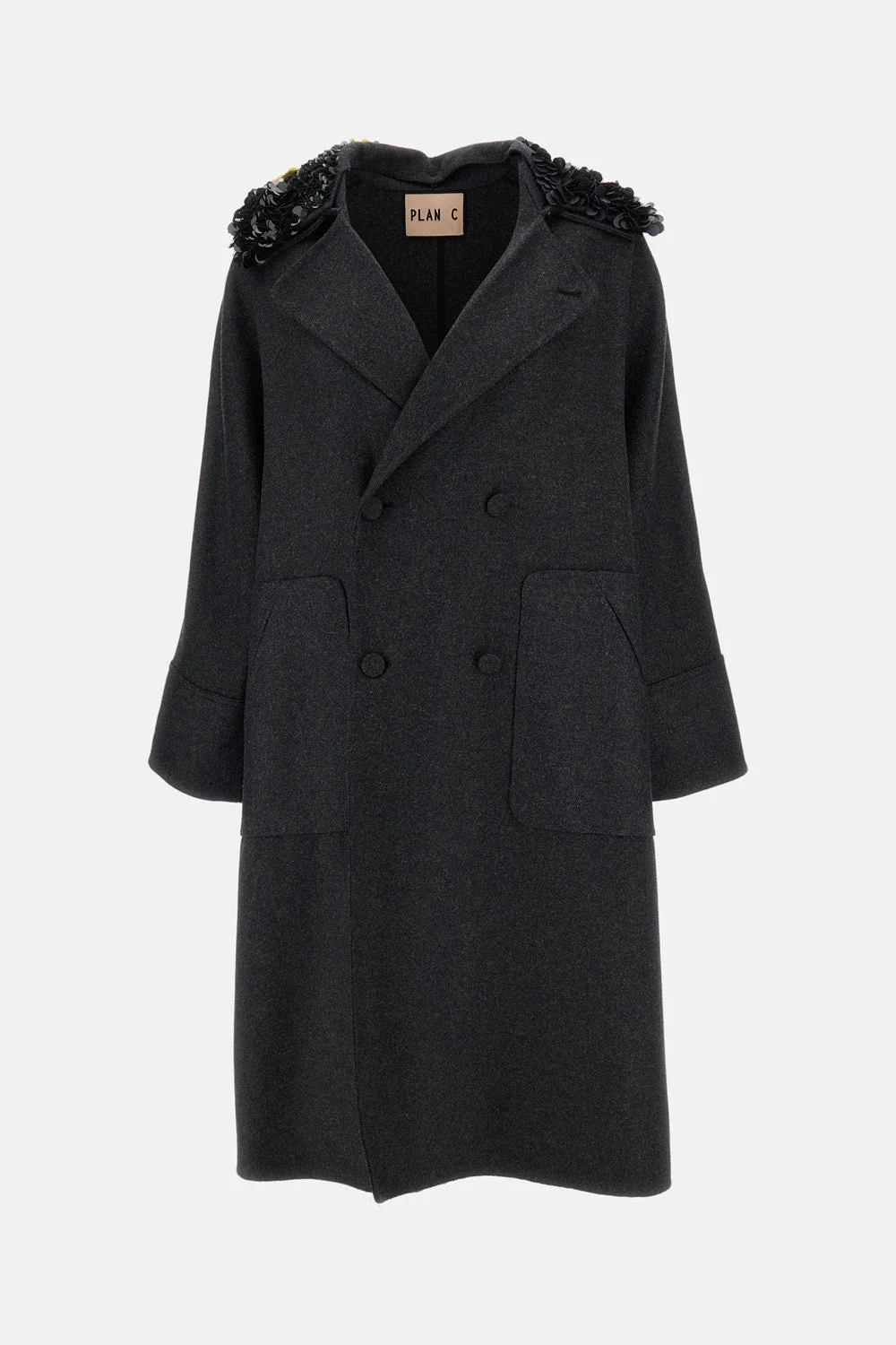 DOUBLE-BREASTED MELANGE WOOL COAT WITH SEQUIN COLLAR - 1