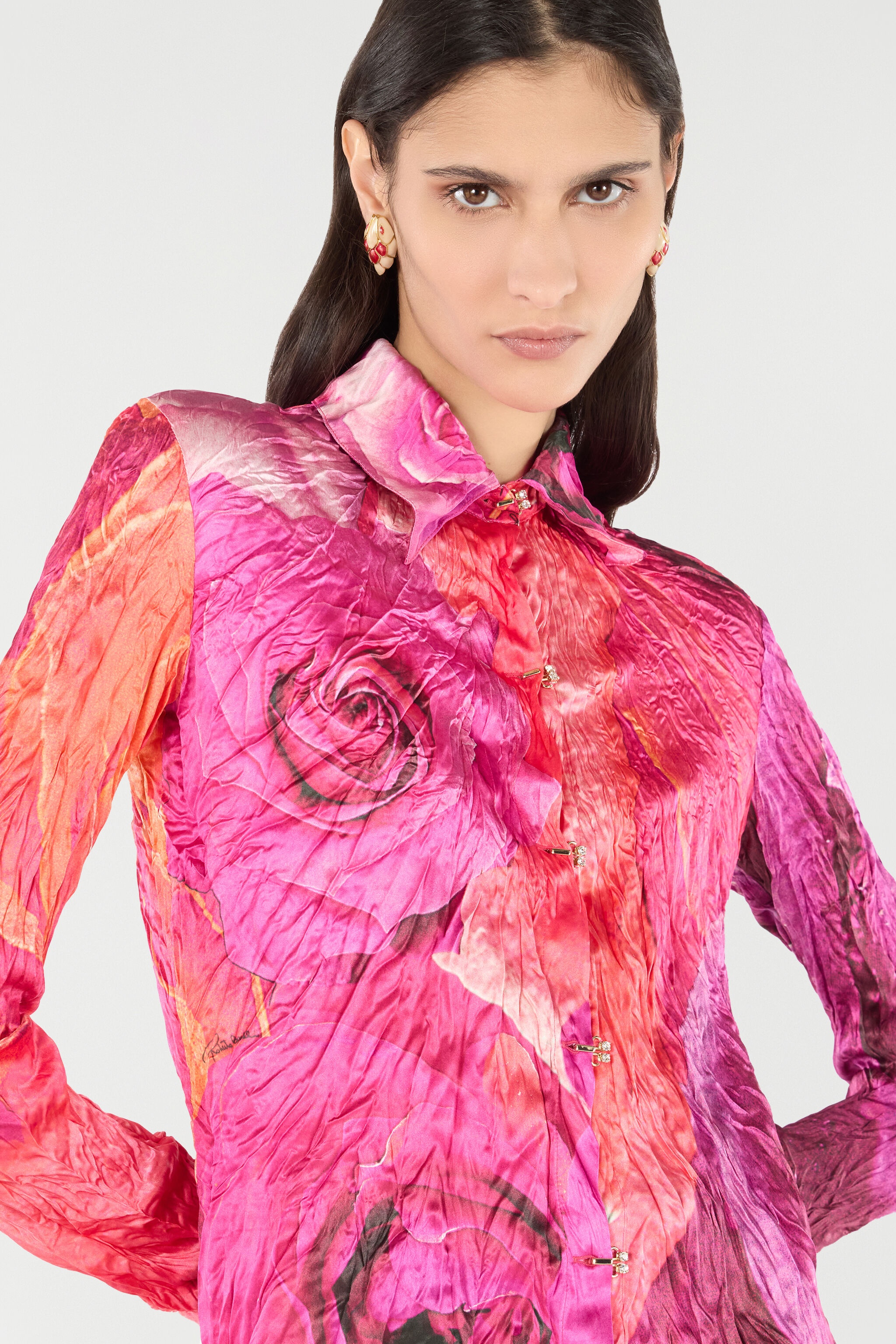 Shirt With Bejeweled Buttons And Rose Print - 6