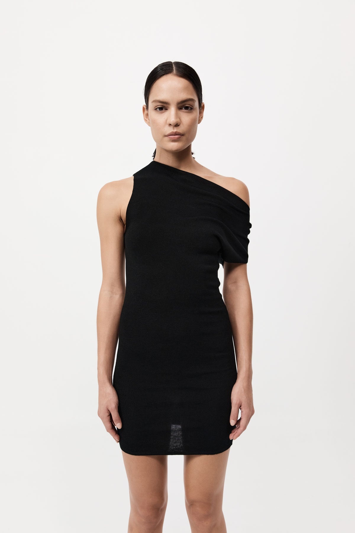 Asymmetric Knit Mini Dress - Black - 3