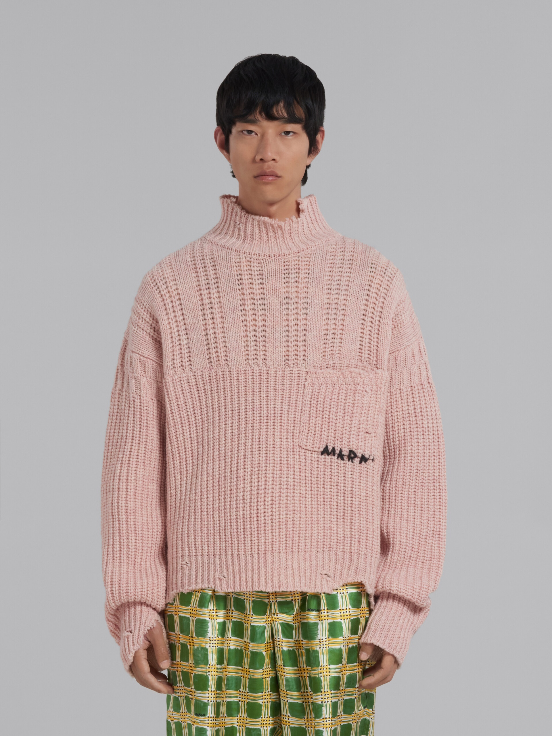 PINK VIRGIN WOOL JUMPER WITH NIBBLED HEM - 2