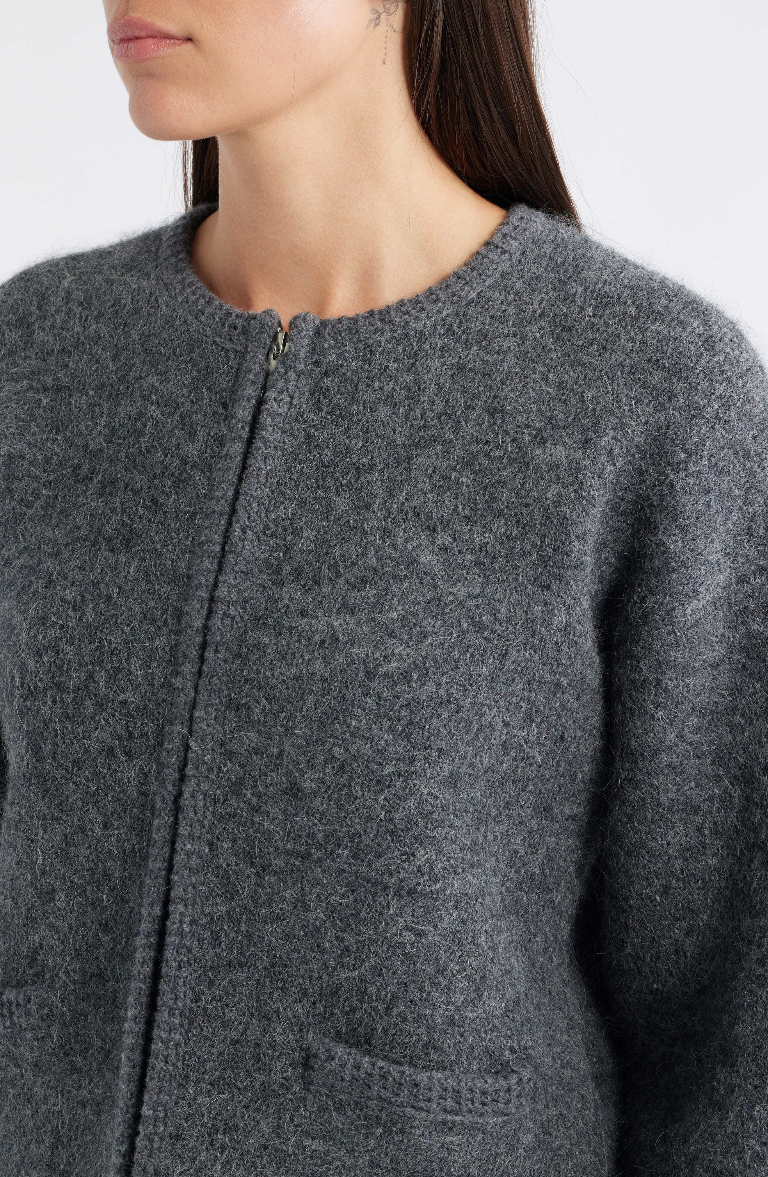 FRAME Lofty Crochet Detail Wool & Cashmere Zip Cardigan in Dark Heather Grey at Nordstrom - 4