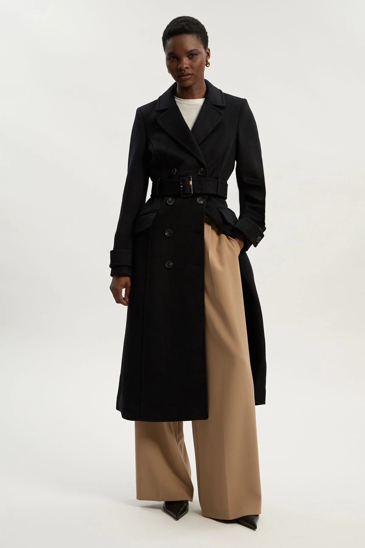 Tailored Wool Blend Double Breasted Buckle Belted Midi Coat - 1