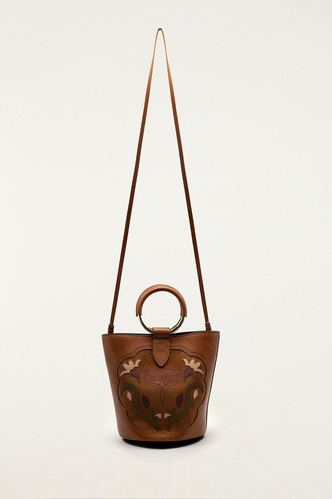 Brown Western Embroidered Leather Bucket Bag - 5