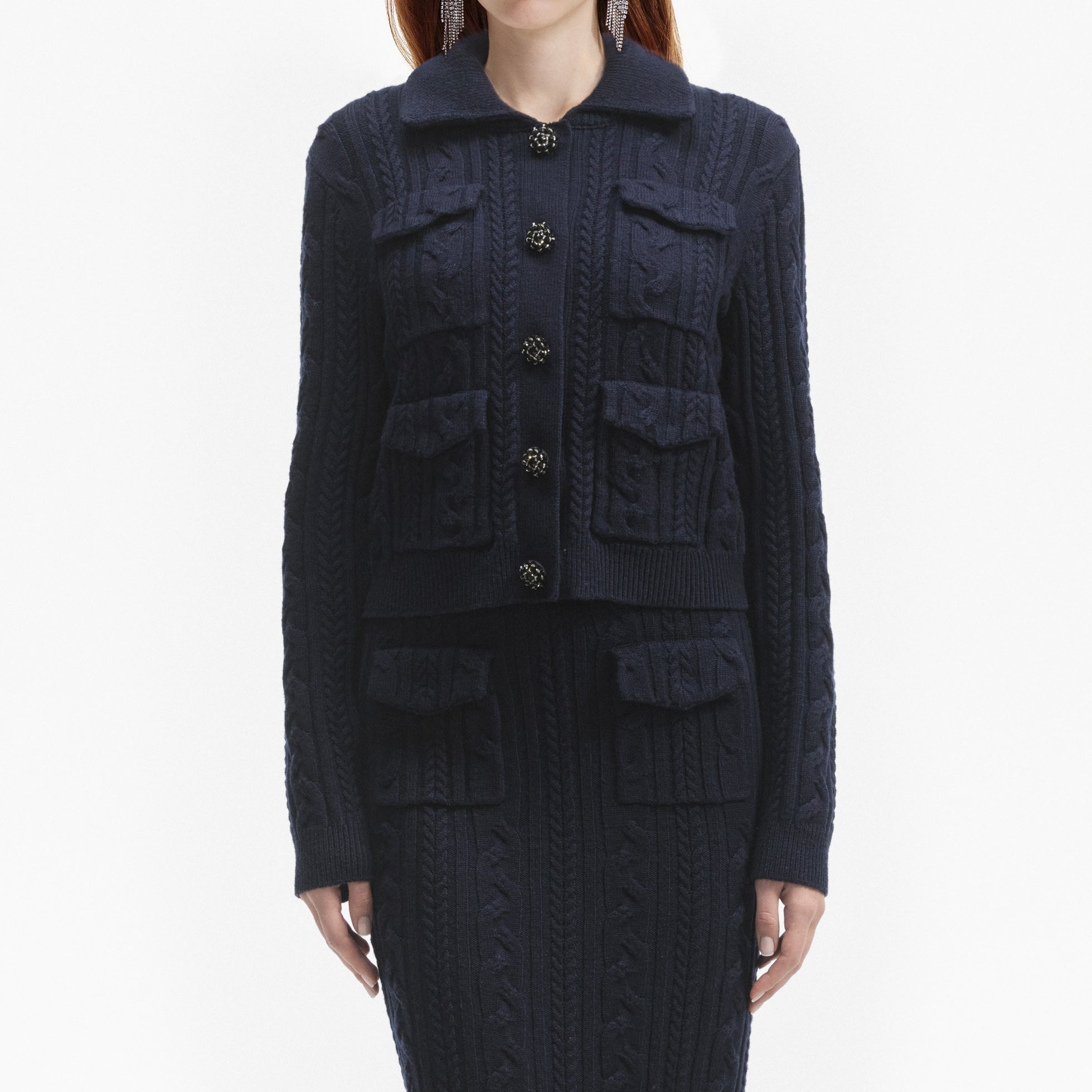 Navy Knit Collar Cardigan - 4